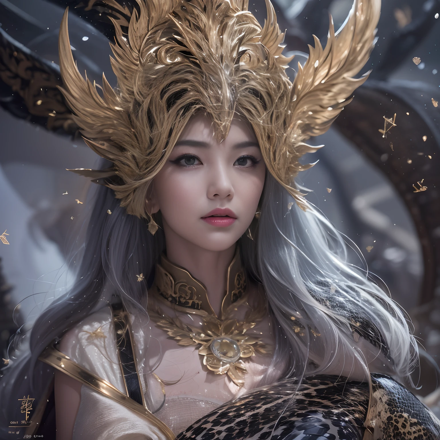 ((​masterpiece)、(top-quality)、(reallistic))、beautiful queen:1.4、Bondage style、latex shiny、By Luis Royo:1.4、1girl in、Sexy Daughter、Attractive earrings with impressive beauty、a choker、a necklace、piercings、(Super beauty)、Super Ultra Ultra Bikini、standingn、fullllbody:1.4、(Beauty in return)、Fantastic mythological landscape
