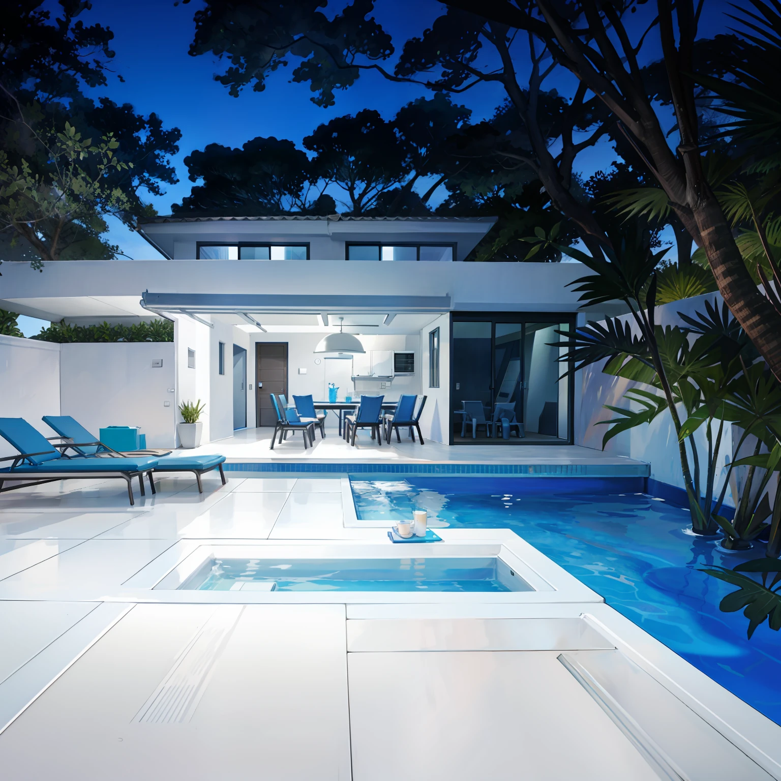 Architectural concept house, foto ultrarealista, imagem de render 8k, luz de led amarela, anoitecer, casa com piscina iluminada em azul claro