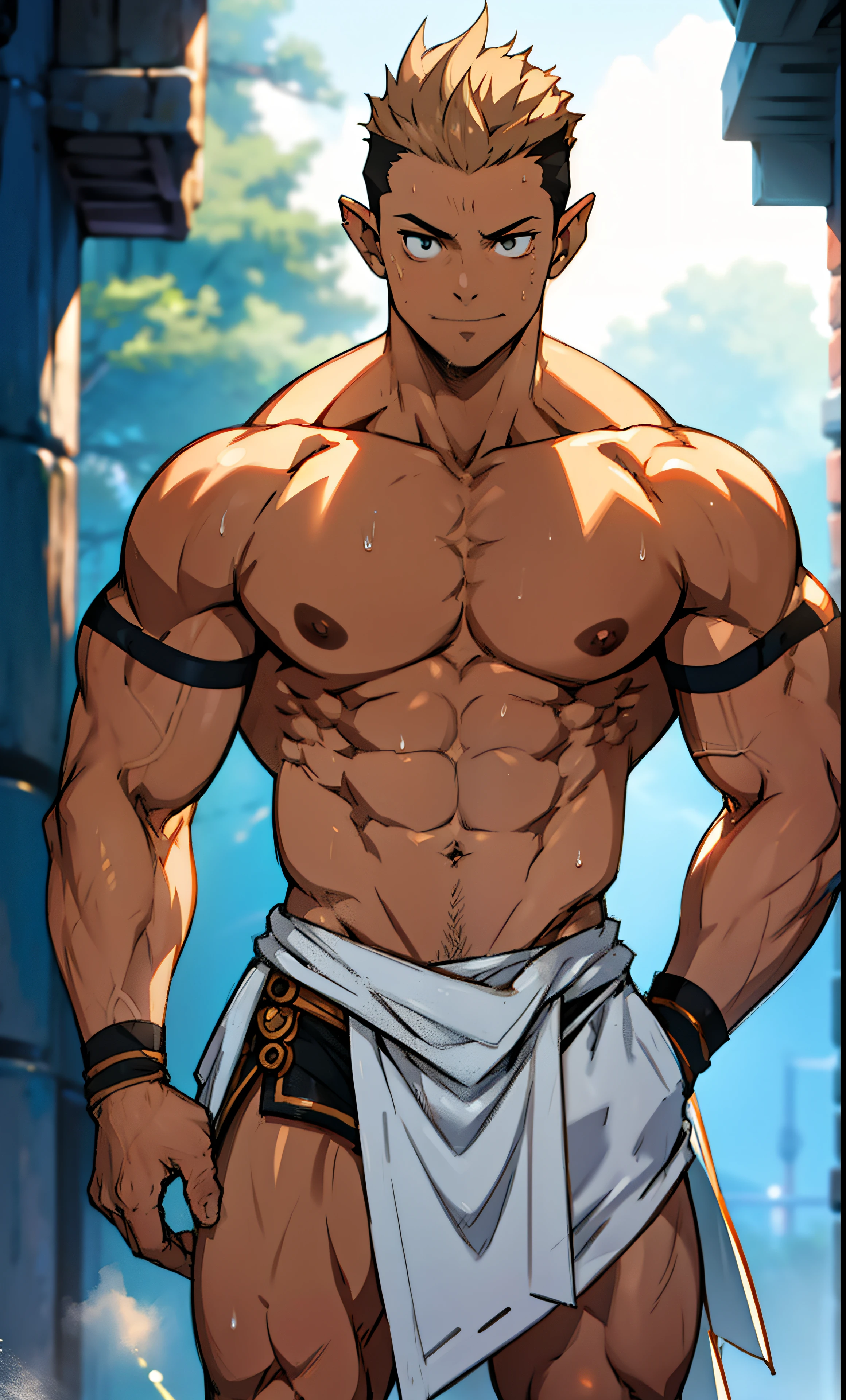 (photo corner up) (highest quality image) elf boy ,royal, young, , wearing triangular loincloths, anime image, standing, legs closed, cute babyte, young and cute face, undercut hair, huge muscular chest muscles, big strong thighs, strong hamstrings, sinewy biceps muscles, huge body, well developed muscles, muscles clear, sinewy 8-pack abdomen, topless, ruddy white skin, super shiny skin, dripping sweat, hands in pockets, bare feet, no beard