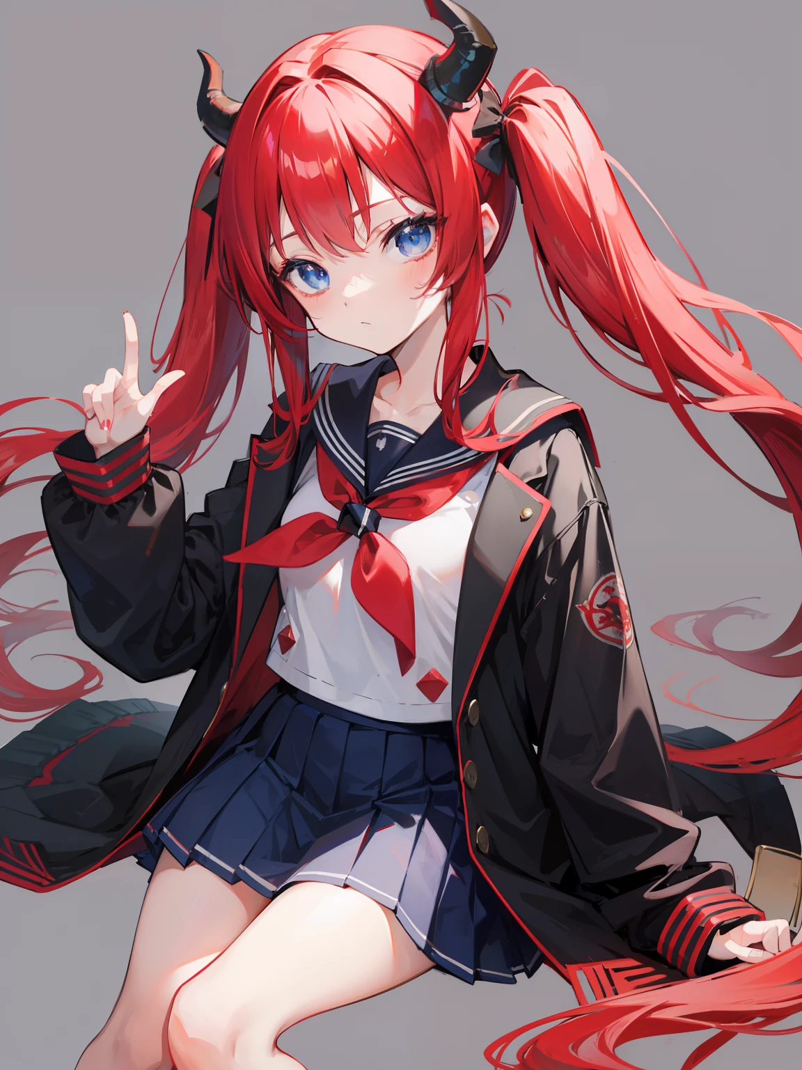 red hair, blue eyes, twintails, Sailor suit,black coat, Dragon horns,Pleated skirt,solo,li,cute,bow