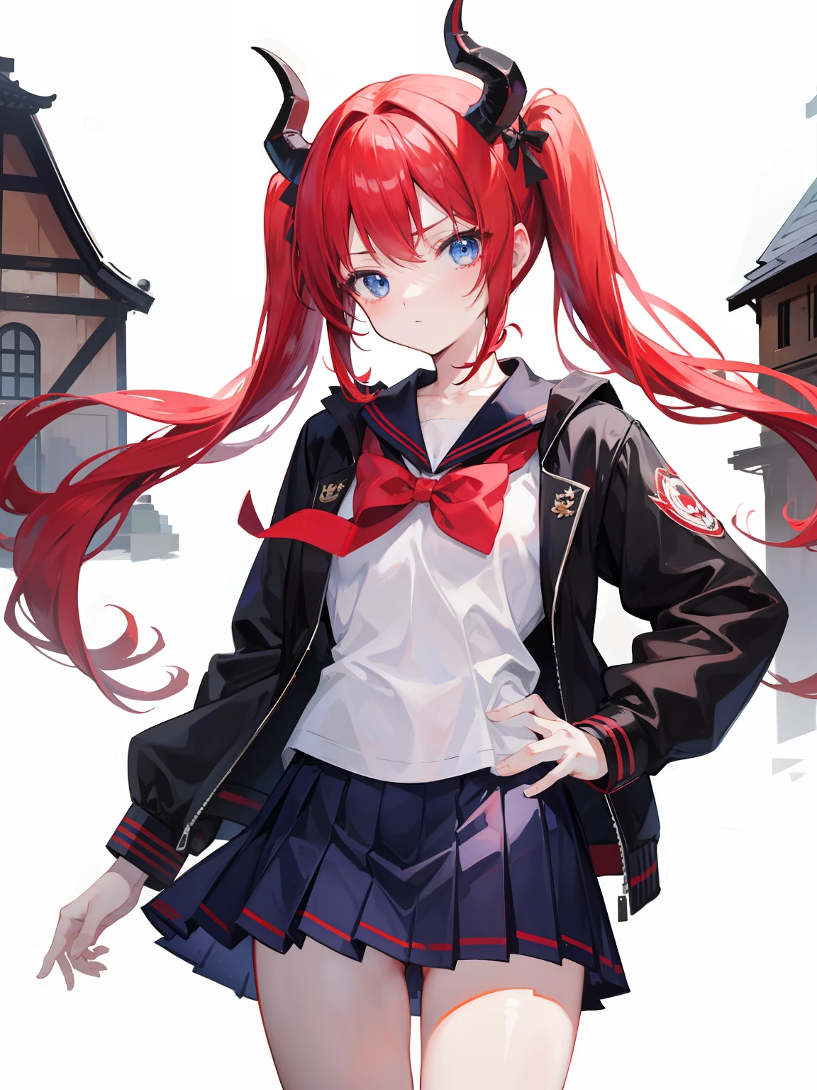 red hair, blue eyes, twintails, Sailor suit,black coat, Dragon horns,Pleated skirt,solo,li,cute,bow