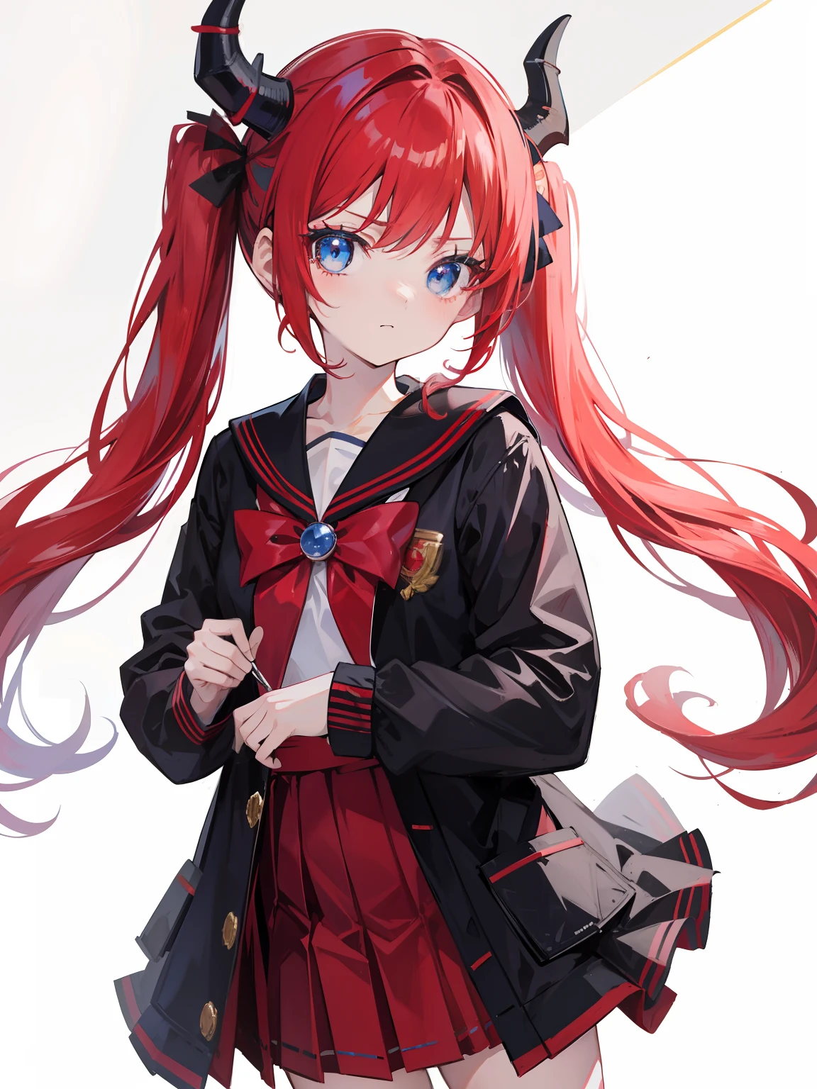 red hair, blue eyes, twintails, Sailor suit,black coat, Dragon horns,Pleated skirt,solo,loli,cute,bow