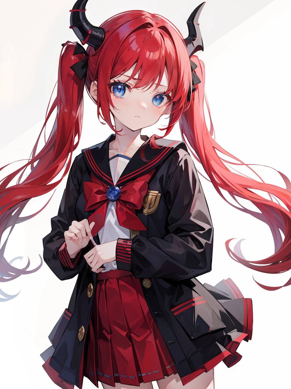 red hair, blue eyes, twintails, Sailor suit,black coat, Dragon horns,Pleated skirt,solo,loli,cute,bow