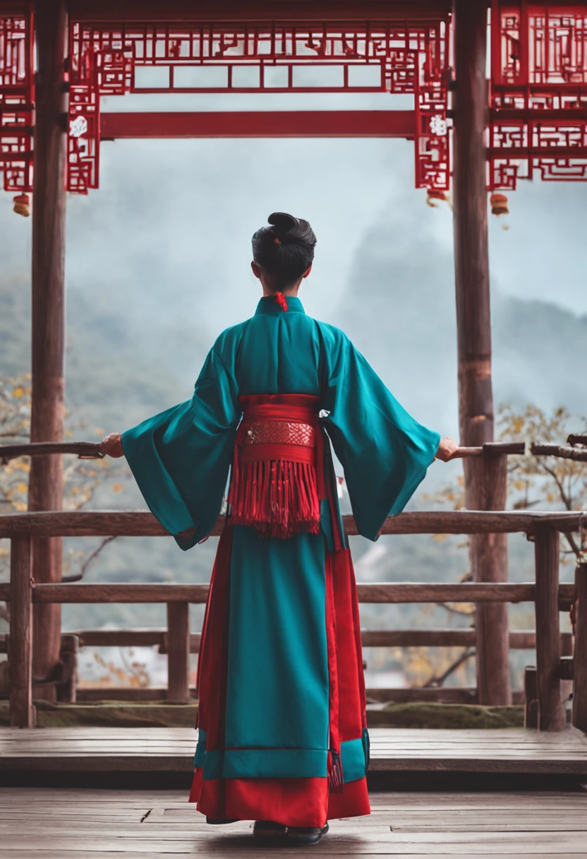A man in Hanfu，Folding fan in hand，Stand under the eaves