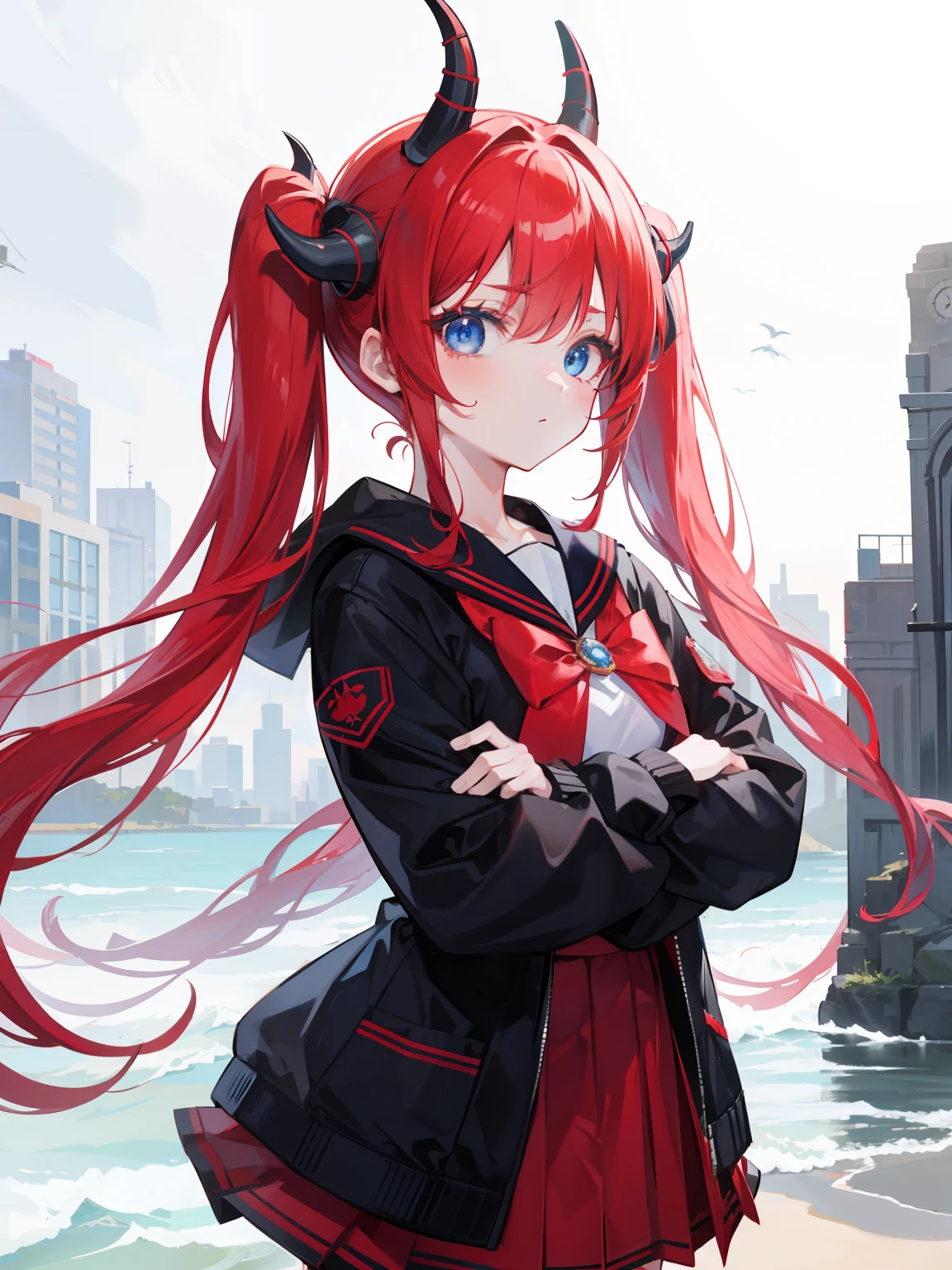 red hair, blue eyes, twintails, Sailor suit,black coat, Dragon horns,Pleated skirt,solo,loli,cute,bow