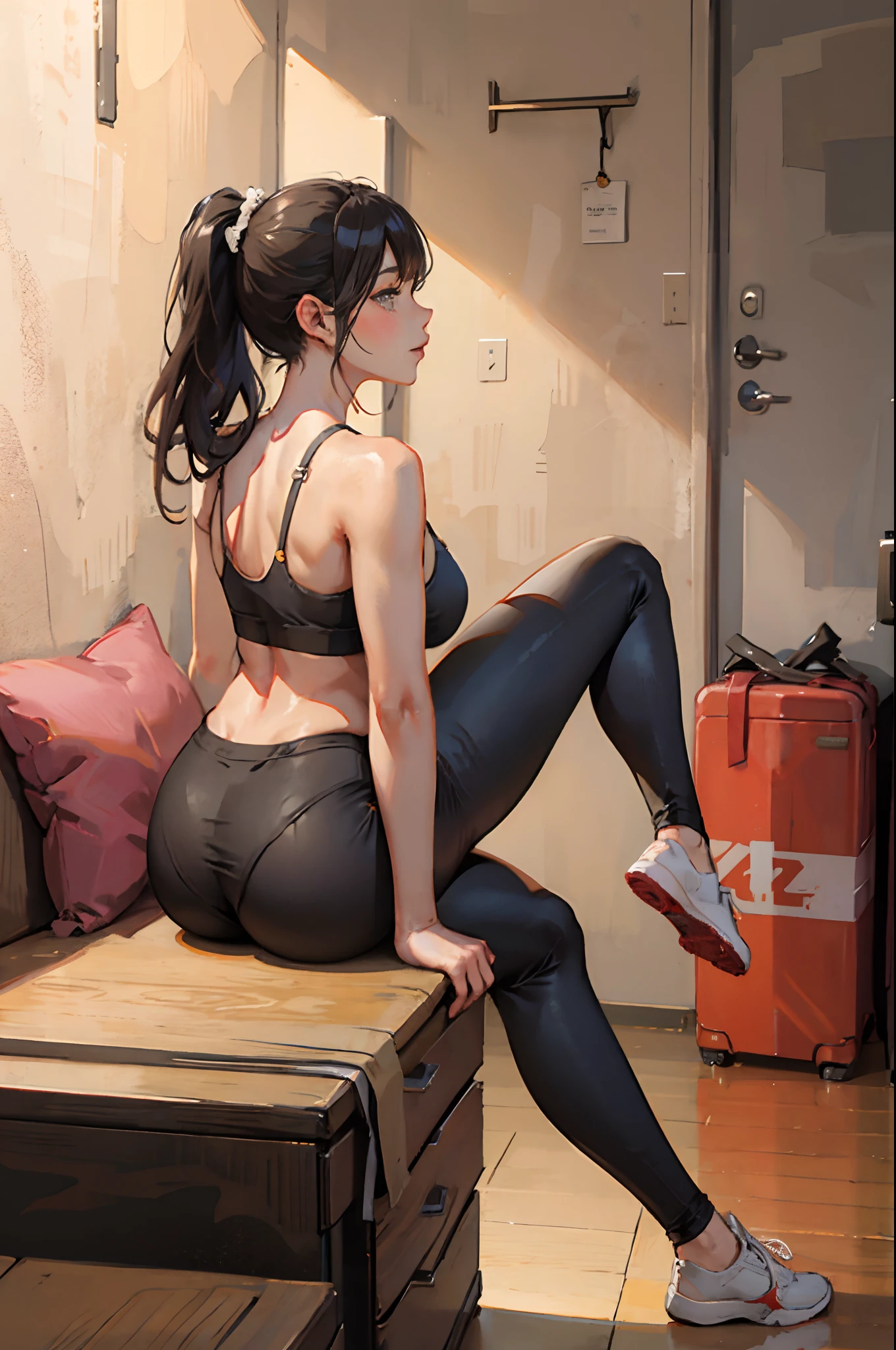 Live-action style
Single ponytail girl back gray leggings fat hips sitting position