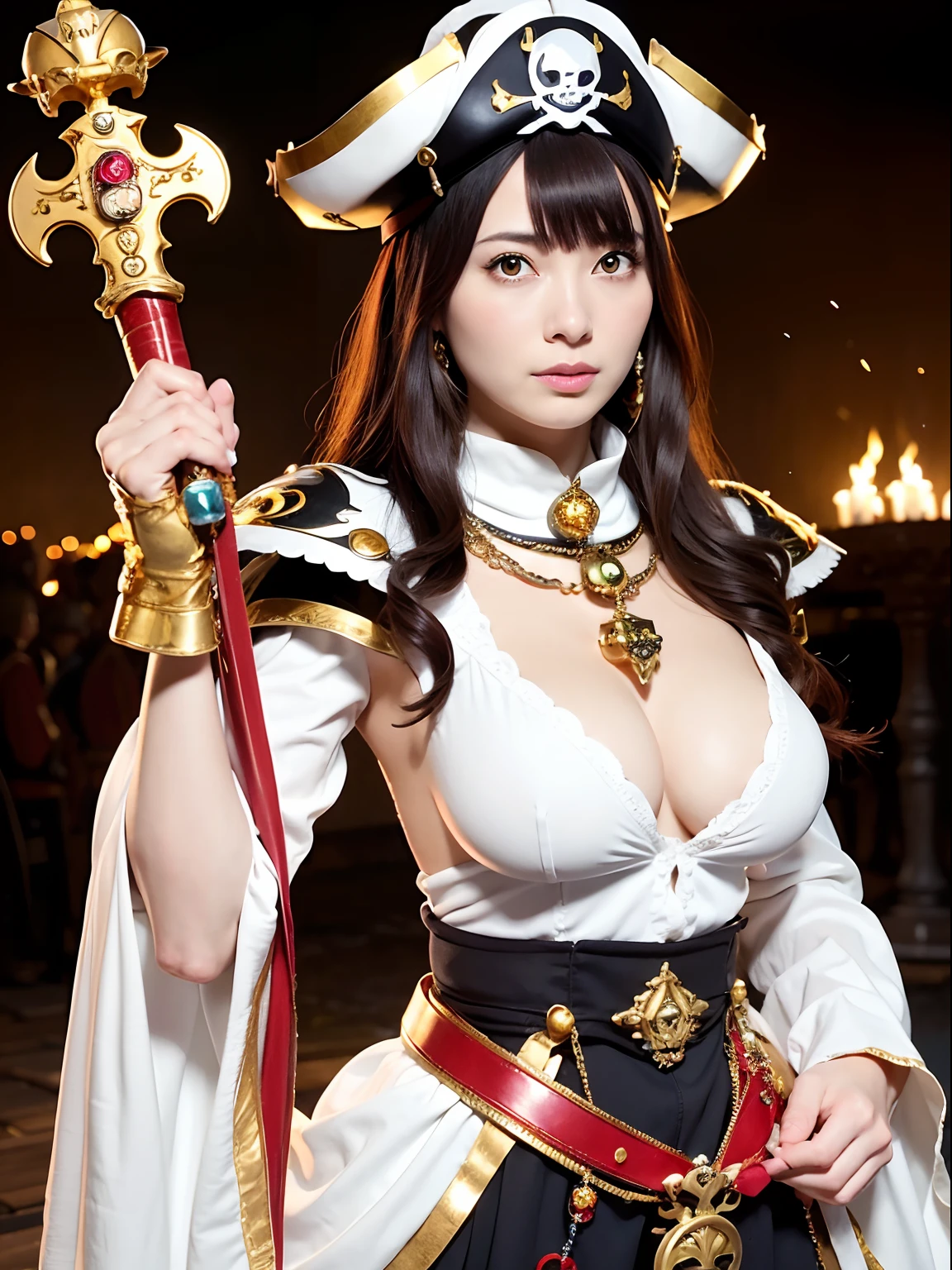 (masutepiece), Professional , masterpiece、top-quality、photos realistic , (Gemstone Silver Metal Body:1.9),(Matte White、(Put on a pirate hat)、Jewel Gold Weapon(Jewel Metal Body:1.4),Gorgeous metal weapons , Detailed Sword of the Brave , Beautiful knife ,warhammer 40k , The port town、adepta sororitas,Detail and ornate jewel crown、Black hair、Gangle's forest background、Beautiful Caucasian beauty、1a person、dynamic ungle,(((Detailed and ornate diamond crown)))、Smaller head、A smile、Take a pose、Background inside the castle、Thin and beautiful female hands、cleavage of the breast、Soldier in iron armor on background、Man soldier in iron armor on background、Sea view、Pirate Ship、Woman or stand in the center、Lots of pirate ships、Luminescent particles,light scattering,Tindall Effect