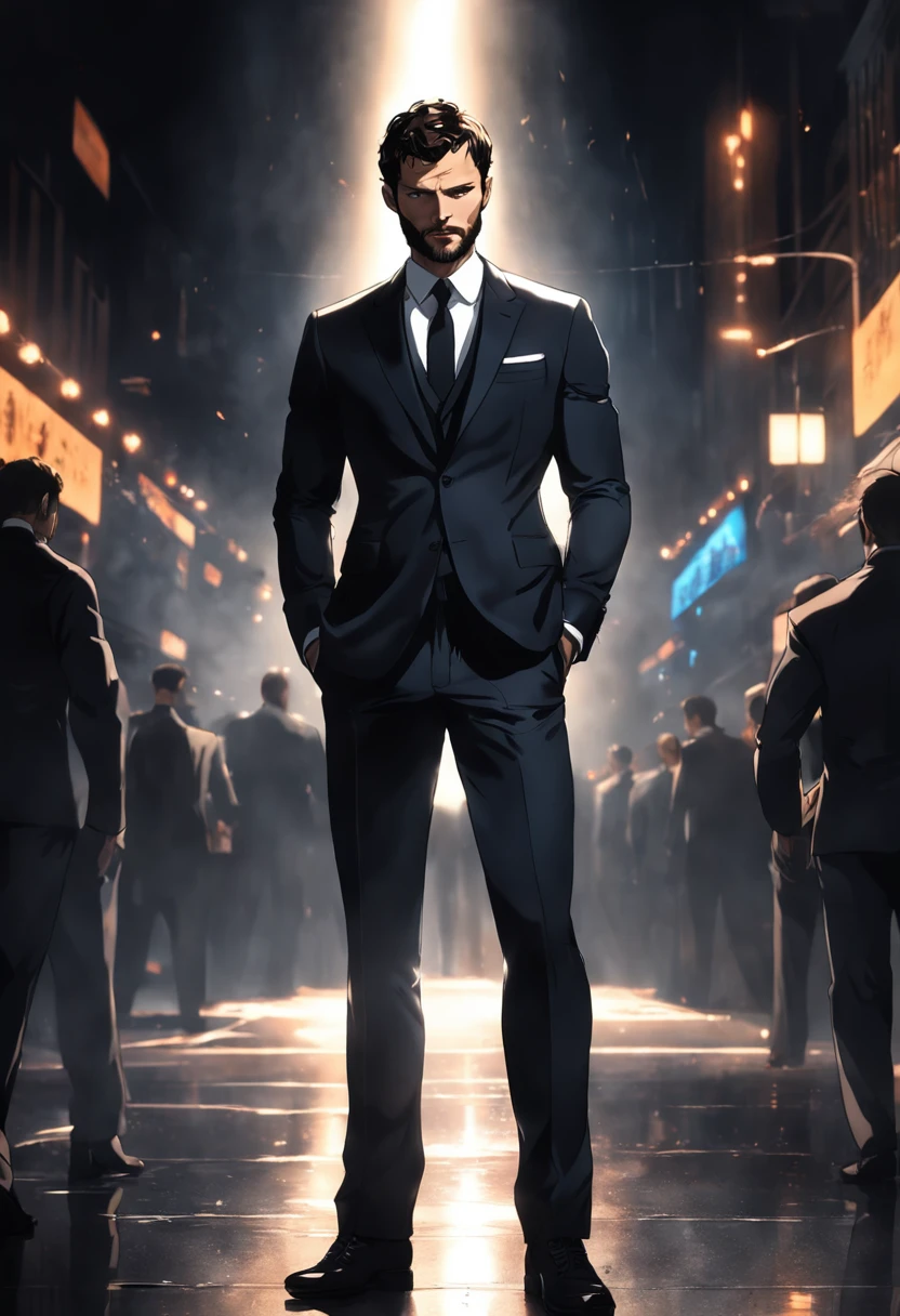 (Man wearing black suit without tie), ), (wearing beard,) attractive and serious look, short dark hair, stylish and elegant, shaved and strong body fitted in the suit, show body, man similar to actor jamie dornan, (high quality and realistic image), in the background of the dark black image and lights, cinematic style, ((Best quality, 8k, Masterpiece).