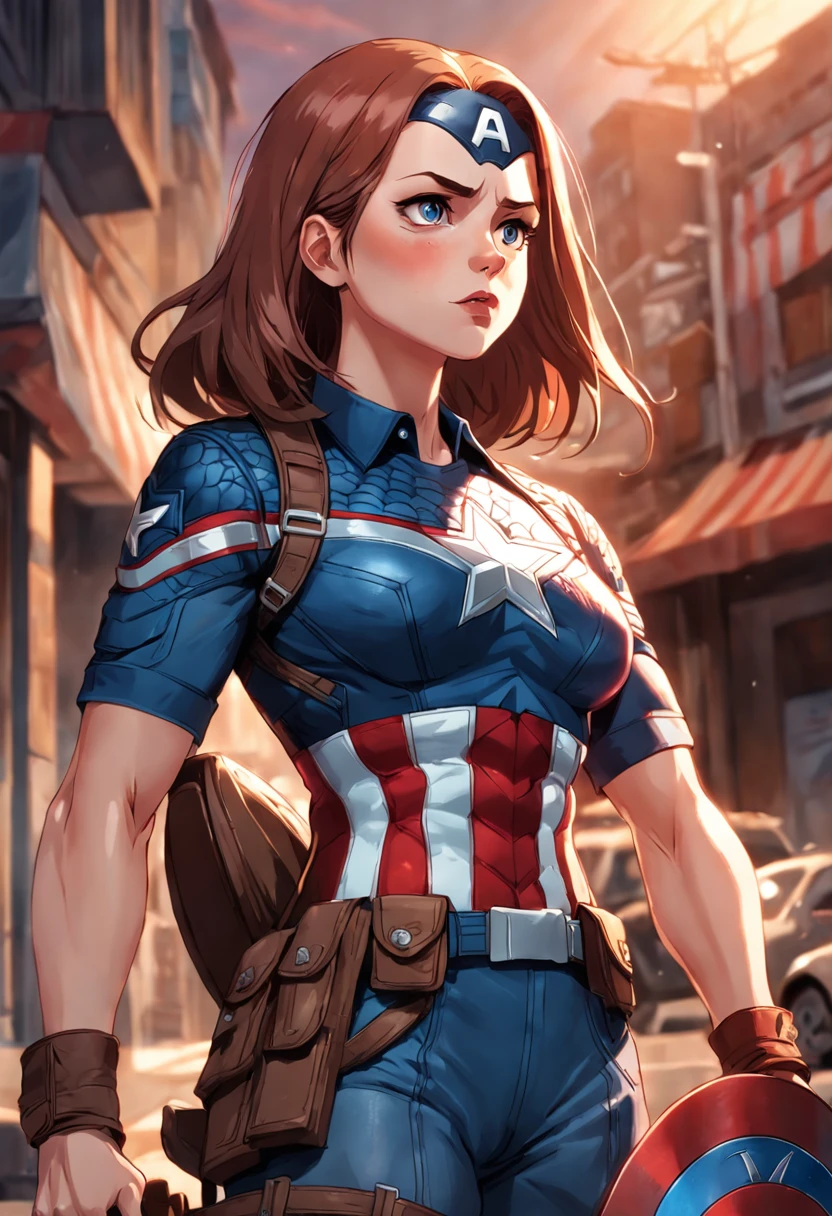"A detailed illustration of a 45-year-old woman as Captain America wearing a T-shirt, olhando para o horizonte."