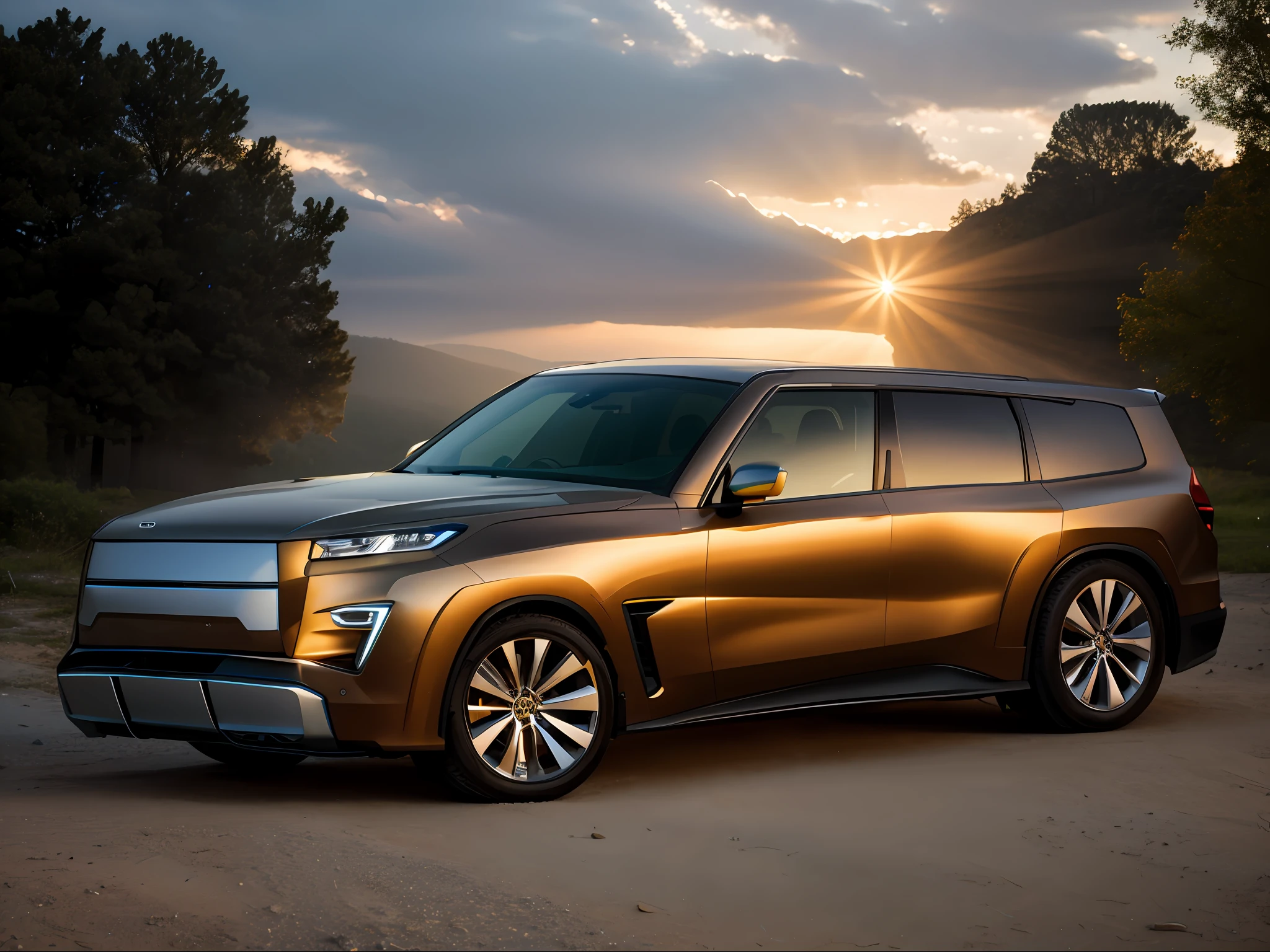 SUV，All-in-one medium grid，  tmasterpiece， Best quality at best， high qulity， realistic scene， A high resolution， Sharp， on focus， 4K， Very detailed， Ray traching， Shadow dynamics， Light dynamics， forest backgrou，Excellent image quality，The body line is tough。Straight waistline。lots of trees around，earthy。