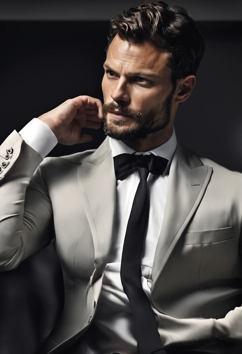 (Man wearing black suit without tie), ), (wearing beard,) attractive and serious look, short dark hair, stylish and elegant, shaved and strong body fitted in the suit, show body, man similar to actor jamie dornan, (high quality and realistic image), in the background of the dark black image and lights, cinematic style, ((Best quality, 8k, Masterpiece).