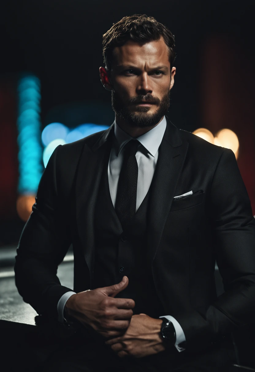 (Man wearing black suit without tie), ), (wearing beard,) attractive and serious look, short dark hair, stylish and elegant, shaved and strong body fitted in the suit, show body, man similar to actor jamie dornan, (high quality and realistic image), in the background of the dark black image and lights, cinematic style, ((Best quality, 8k, Masterpiece).