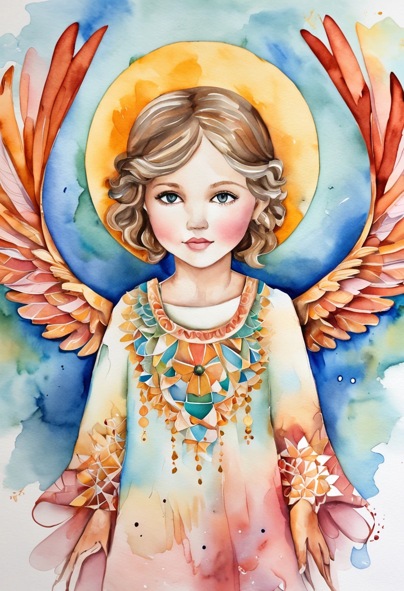 (FULL BODYSHOT:1.4), White background, (Angel Girl、5years old、1 persons,Glowing wings, Halo, Exquisite headdress, ssmile), (paper art, Quilted Paper Art, Geometry), highly colorful