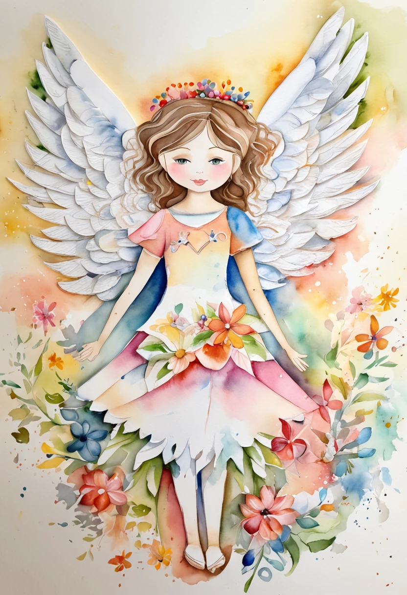 (FULL BODYSHOT:1.4), White background, (Angel Girl、5years old、1 persons,Glowing wings, Halo, Exquisite headdress, ssmile), (paper art, Quilted Paper Art, Geometry), highly colorful