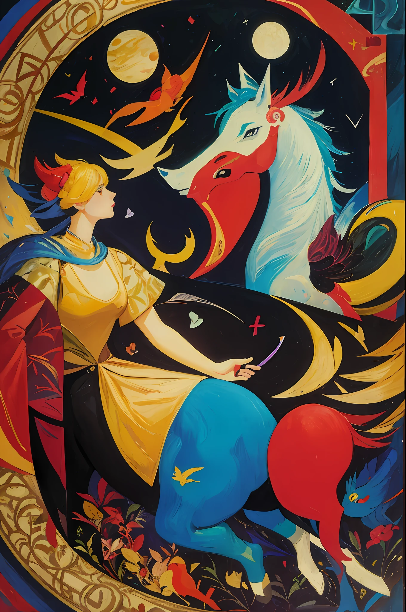 (expressionist art:1.4), style of Franz Marc, style of Wassily Kandinsky, masterpiece, highest quality, absurdres, incredible details, extremely intricate, professional painting, beautiful, visually stunning, gorgeous, 2girls, animal theme, blue horses, red birds, yellow sun, from the side