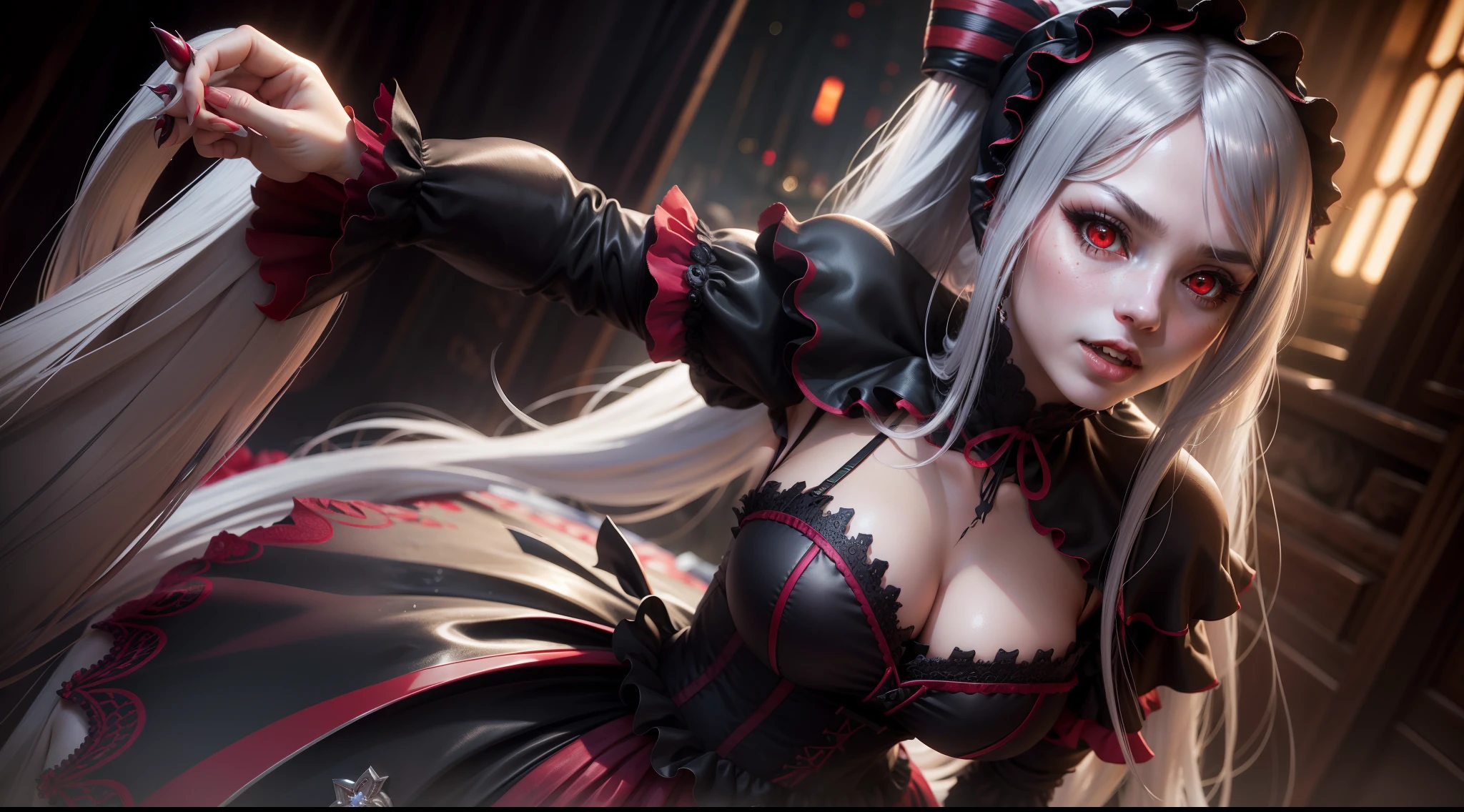 focused upper body, 1girl, black ta costume, sparkling red eyes, showing vampire fang teeth, long silver hair, blood background, intricate detail, 8k resolution, masterpiece, 8k resolution photorealistic masterpiece, professional photography, natural lighting, detailed texture,