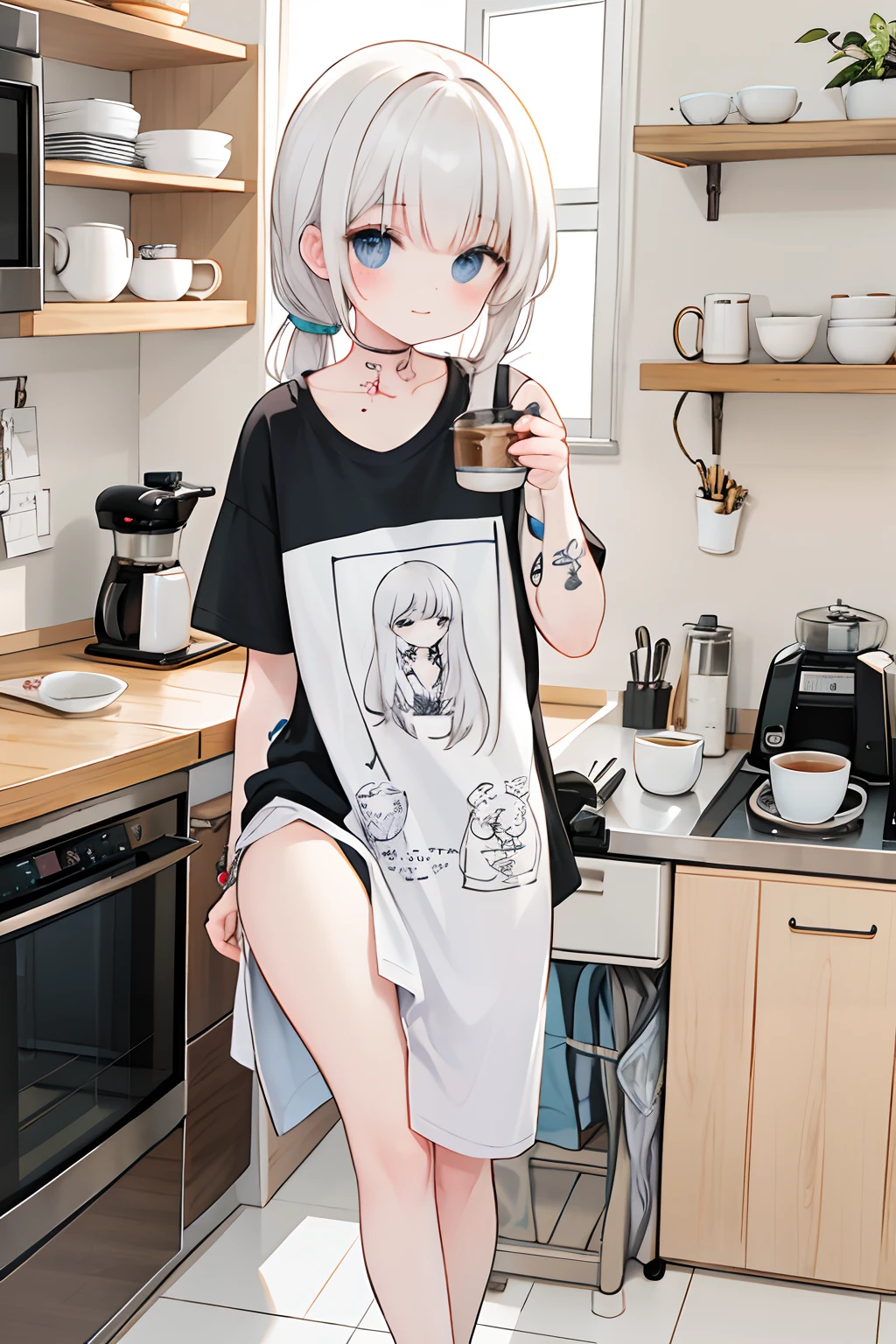 A young white woman with a spectrum of tattoos and hair stands in her kitchen, her t-shirt and slippers the only clothing she wears as she enjoys her freshly brewed coffee.