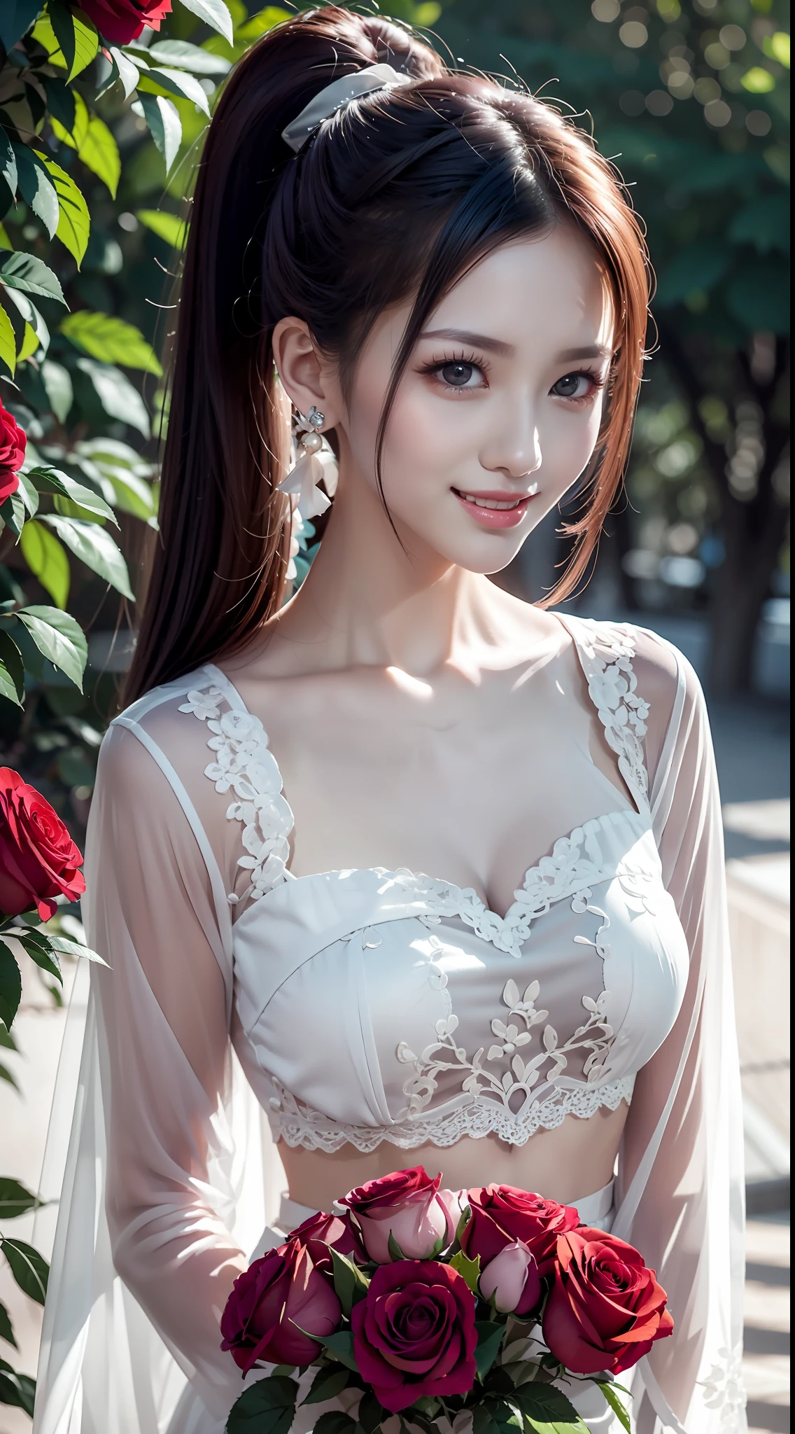 The background is covered with red roses, silver hair, front ponytail, over-rim eyewear, eye reflection, color contact lenses, pink eyes, fox ears, evil smile, high detail, Romanticism, depth of field, sparkle, ray tracing, viewfinder, zoom layer, close-up, bokeh, anatomically correct, high details, 1080P, UHD