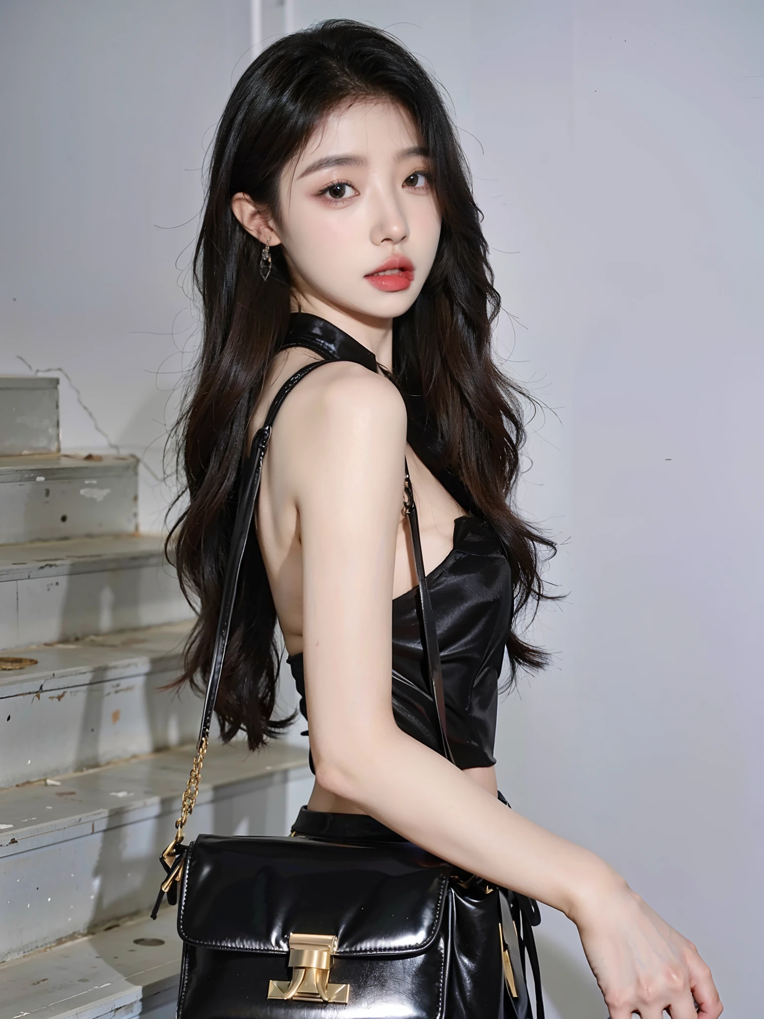 araffe woman in a black dress holding a black purse, bae suzy, Gorgeous young Korean woman, dilraba dilmurat, 2 4 year old female model, gemma chan beautiful girl, lalisa manobal, gemma chan girl portrait, tiffany style, jaeyeon nam, leaked image, Beautiful young Korean woman, lalisa manoban of blackpink，（（（Open-mouthed））），（（（teeth））），seductiv