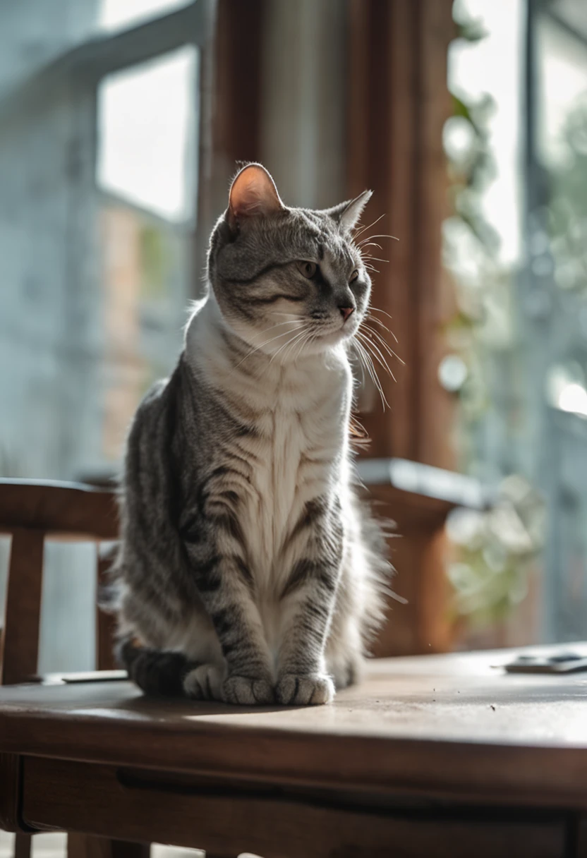 There was a white-gray cat sitting on a wooden table in front of the window, Shot with Sony Alpha 9, The cat on the table in front of her, sittinng on the desk, sittinng on the desk, Shot with the Canon 8 0 D, Cat on the table, Sit on the lab table, sitting on a stool, Fat cat on the table, sittinng on the desk