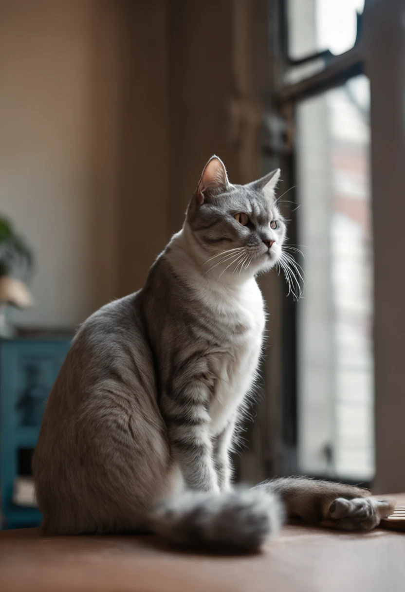 There was a white-gray cat sitting on a wooden table in front of the window, Shot with Sony Alpha 9, The cat on the table in front of her, sittinng on the desk, sittinng on the desk, Shot with the Canon 8 0 D, Cat on the table, Sit on the lab table, sitting on a stool, Fat cat on the table, sittinng on the desk