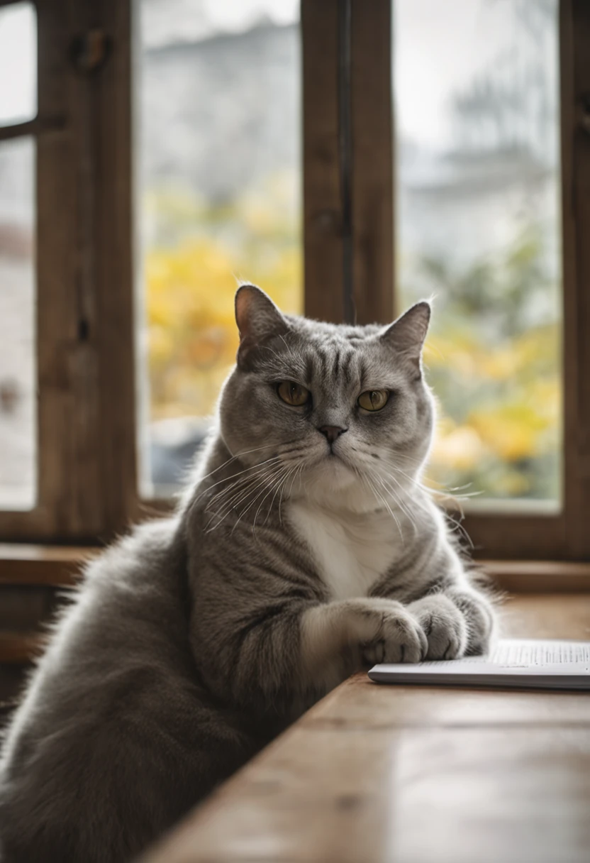 There was a white-gray cat sitting on a wooden table in front of the window, Shot with Sony Alpha 9, The cat on the table in front of her, sittinng on the desk, sittinng on the desk, Shot with the Canon 8 0 D, Cat on the table, Sit on the lab table, sitting on a stool, Fat cat on the table, sittinng on the desk