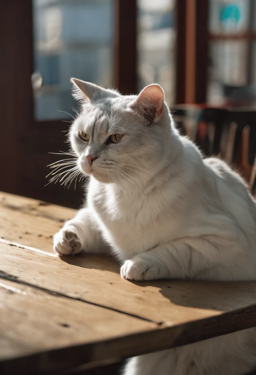 There was a white-gray cat sitting on a wooden table in front of the window, Shot with Sony Alpha 9, The cat on the table in front of her, sittinng on the desk, sittinng on the desk, Shot with the Canon 8 0 D, Cat on the table, Sit on the lab table, sitting on a stool, Fat cat on the table, sittinng on the desk
