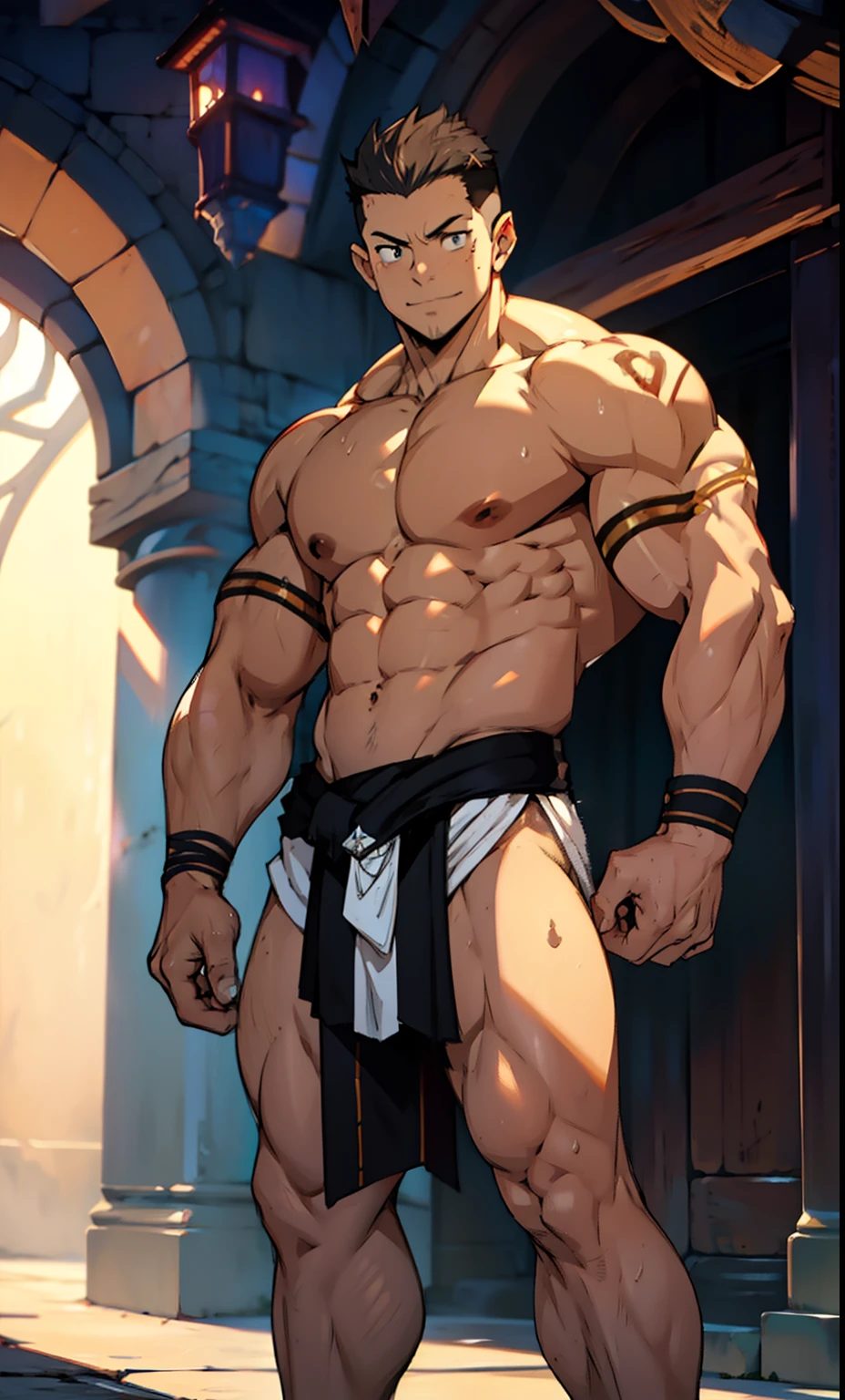 (photo corner up) (highest quality image) elf boy ,royal, young, , wearing triangular loincloths, anime image, standing, legs closed, cute babyte, young and cute face, undercut hair, huge muscular chest muscles, big strong thighs, strong hamstrings, sinewy biceps muscles, huge body, well developed muscles, muscles clear, sinewy 8-pack abdomen, topless, ruddy white skin, super shiny skin, dripping sweat, hands in pockets, bare feet, no beard