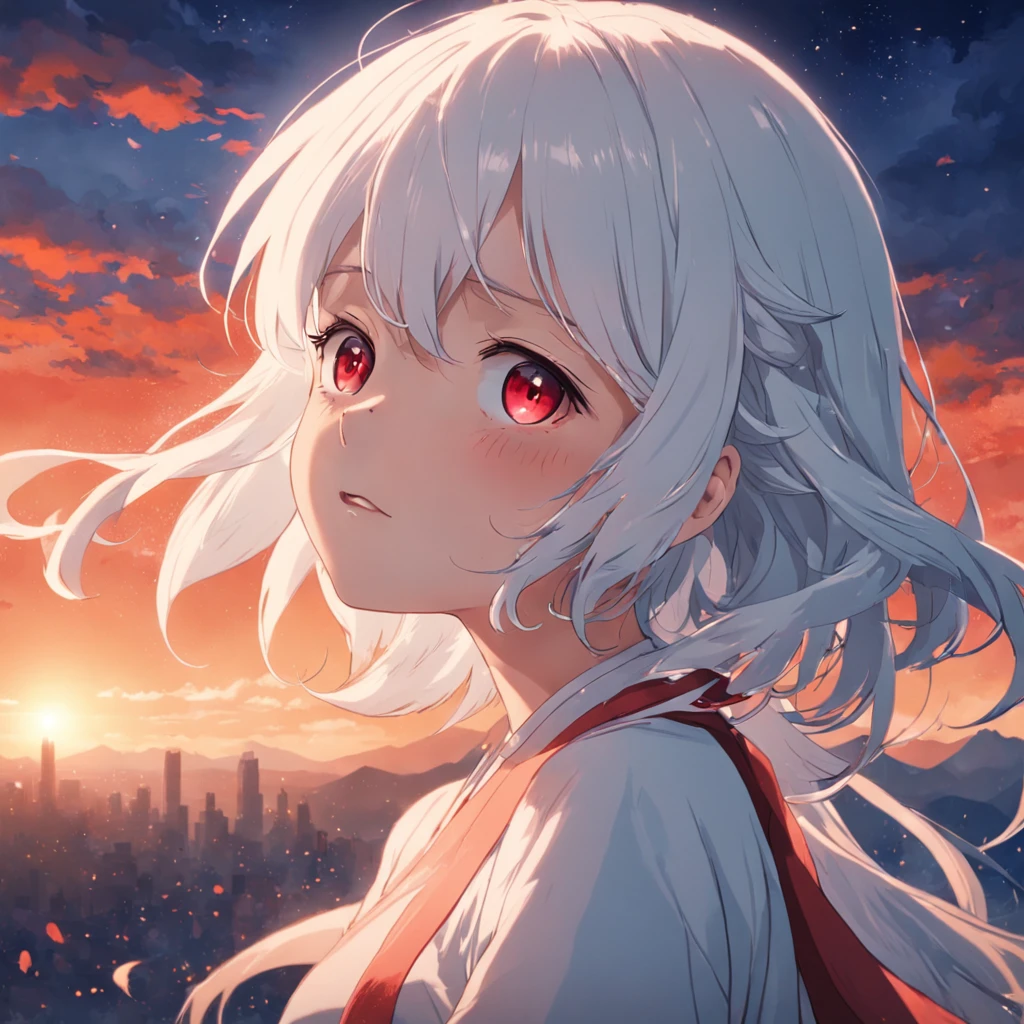 tmasterpiece,best qualtiy,cinematic Film still from,1girl,White hair, red eyes,Floating in the sky,closeup cleavage,brightly,cheerfulness,Warm and soft lighting,the sunset,(spark of light:0.7)
