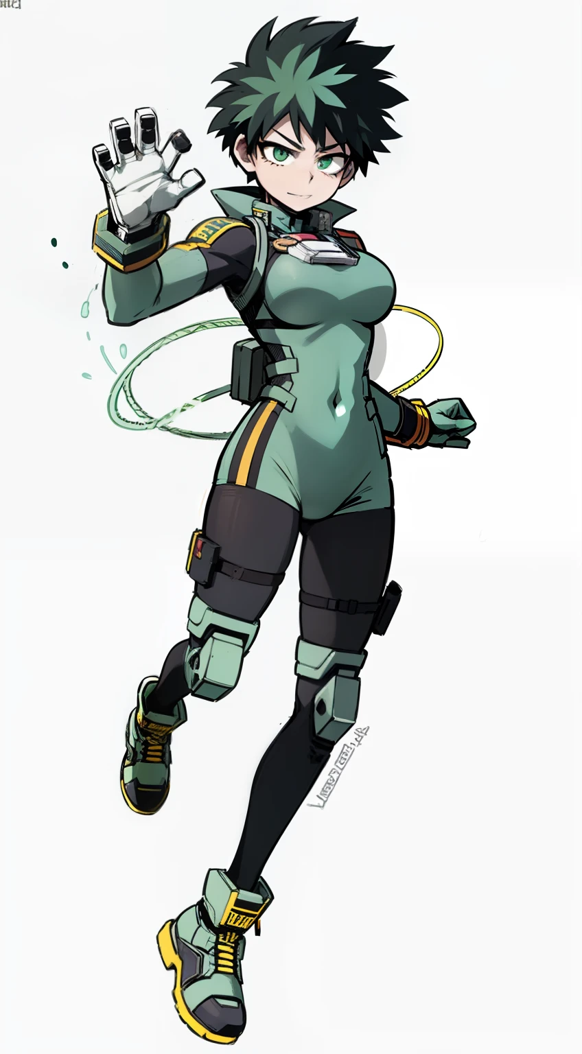 My Hero Academia style, anime Girl, female, trending on artstation pixiv, (full body shot:0.5), wide hips, wide thighs, large breast, Izuku Midoriya, Hero Suit, Full Body Suit, Neon Green Suit with Black Lines, Black Booties with Neon Green Accents, mechanical right gloves, green eyes, green hair, short hair, curly hair, wide smile, super detailed, perfect anatomy,