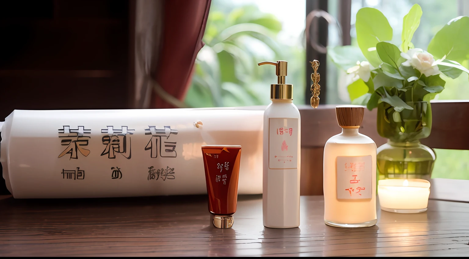 There were three bottles of liquid and a tube of lotion on the table, Wang Chen, su fu, Chiba Yuda, Middle Metaverse, inspired by Liu Haisu, Lu Ji, inspired by Cui Bai, style of guo hua, komono。