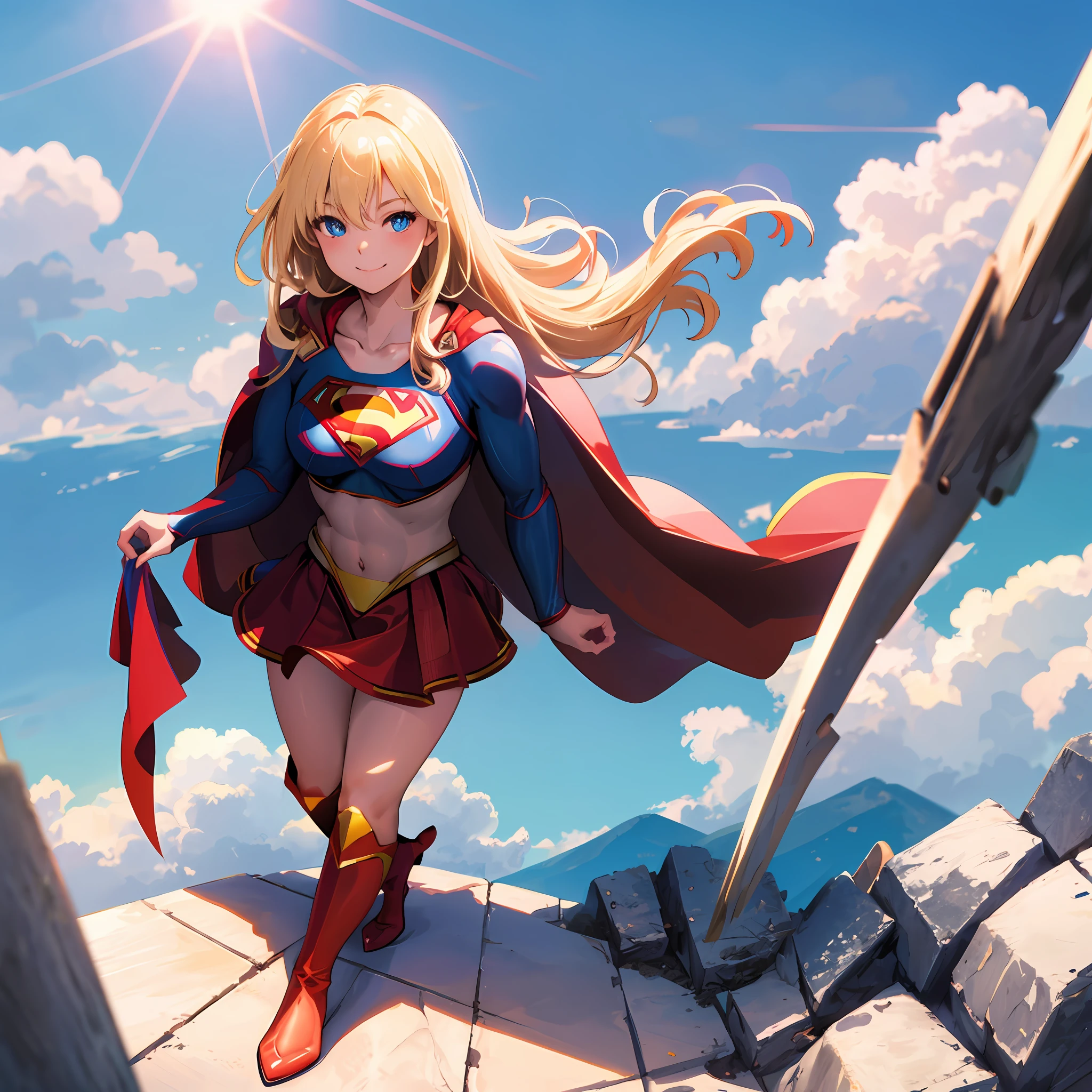 masterpiece, 4k, 8k, high quality, highly detailed, detailed face, HDR, vivid colors, natural lighting, Best Shadows, Shallow Depth of Field, Portrait of (Supergirl:1.1) standing on a rooftop, smiling, red skirt, red cape, red boots with heels, delicate, alluring blue eyes, lovely medium breasts, blonde, (Superman symbol on chest:1.2), bare legs, open navel, blue sky, sunlight, clouds, sun, bloom,