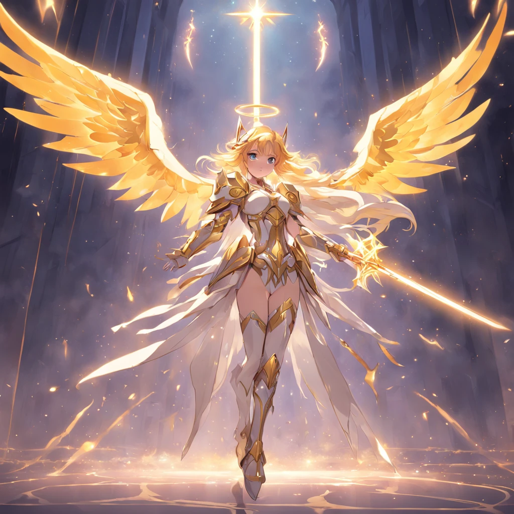 a close up of a person holding a sword in a dark room, angel knight girl, as a mystical valkyrie, beautiful celestial mage, mystical valkyrie, angelic golden armor, epic mage girl character, dressed in light armor, winged archer, armor angle with wing, hero 2 d fanart artsation, star guardian inspired, full - body majestic angel, official splash art, ( reasonable design, Clear lines, High sharpness,Best quality, Very detailed, Masterpiece, movie light effect, 4K )
