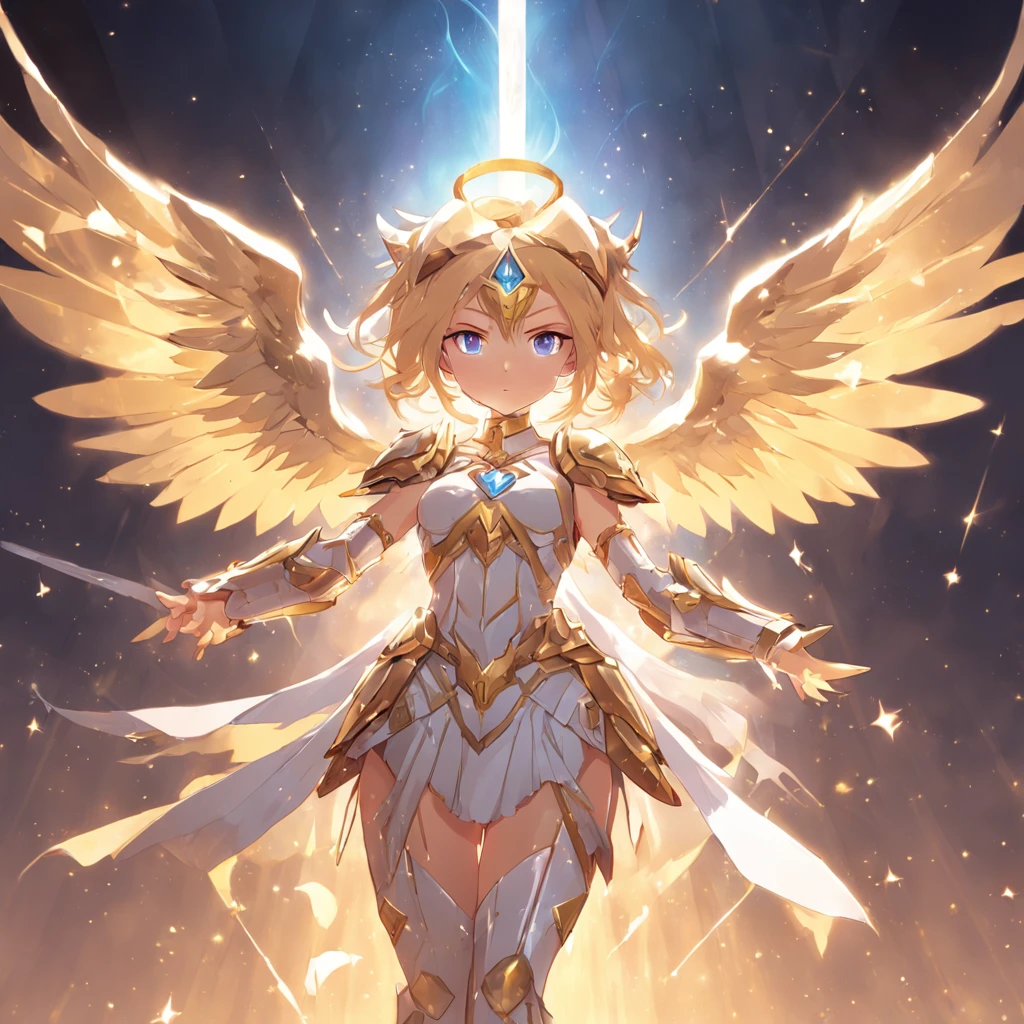 a close up of a person holding a sword in a dark room, angel knight girl, as a mystical valkyrie, beautiful celestial mage, mystical valkyrie, angelic golden armor, epic mage girl character, dressed in light armor, winged archer, armor angle with wing, hero 2 d fanart artsation, star guardian inspired, full - body majestic angel, official splash art, ( reasonable design, Clear lines, High sharpness,Best quality, Very detailed, Masterpiece, movie light effect, 4K )