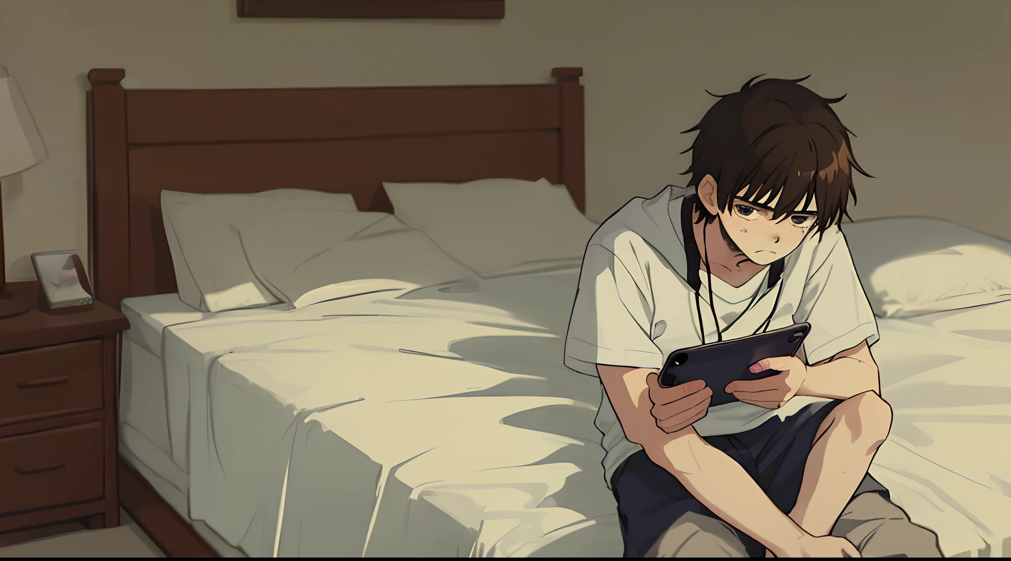 A sad-looking young man looking at a photo of his ex-girlfriend on his cell phone sitting on the edge of his bed. anime style.