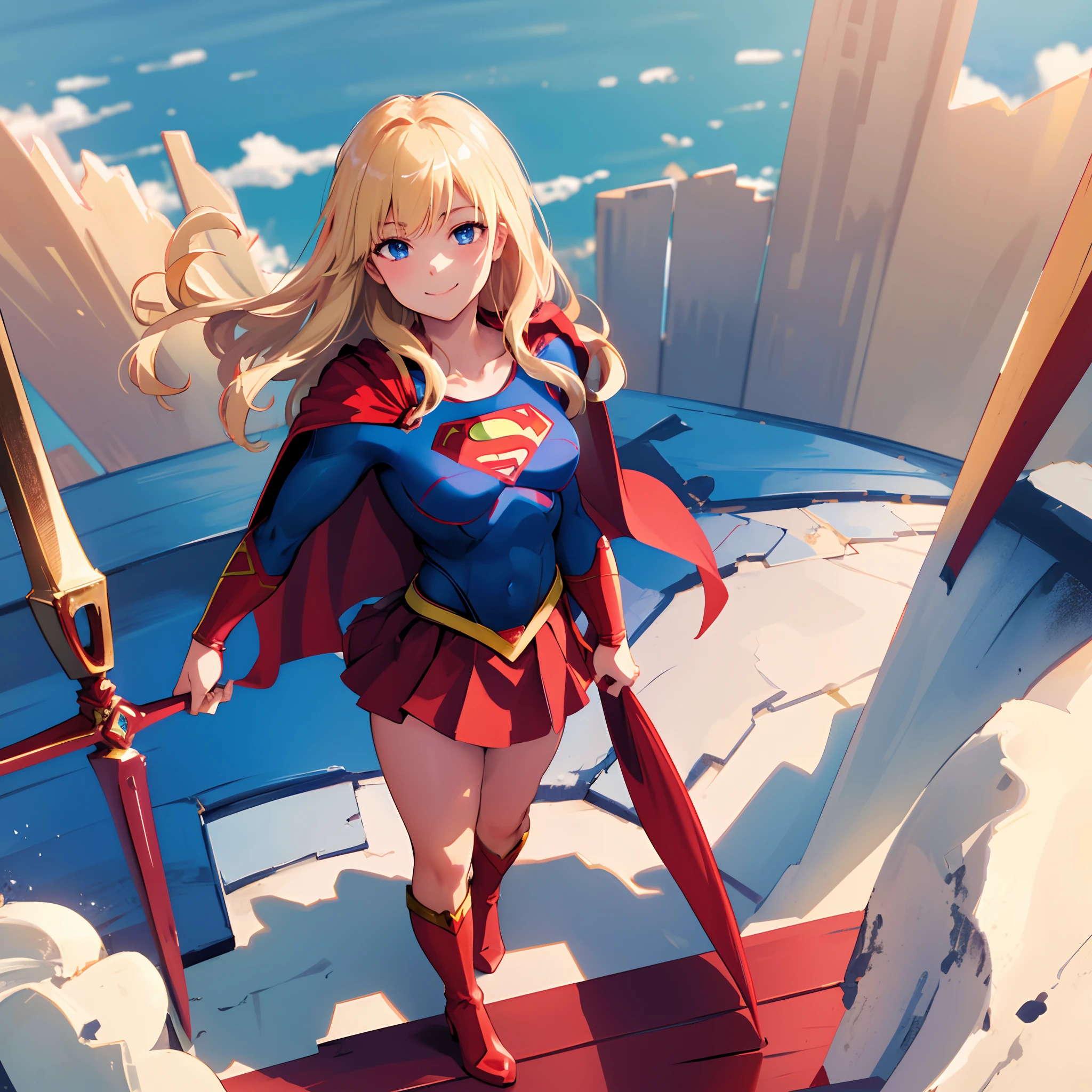 masterpiece, 4k, 8k, high quality, highly detailed, detailed face, HDR, vivid colors, natural lighting, Best Shadows, Shallow Depth of Field, Portrait of (Supergirl:1.1) standing on a rooftop, smiling, red skirt, red cape, red boots with heels, delicate, alluring blue eyes, lovely medium breasts, blonde, (Superman symbol on chest:1.2), bare legs, open navel, blue sky, sunlight, clouds, sun, bloom,