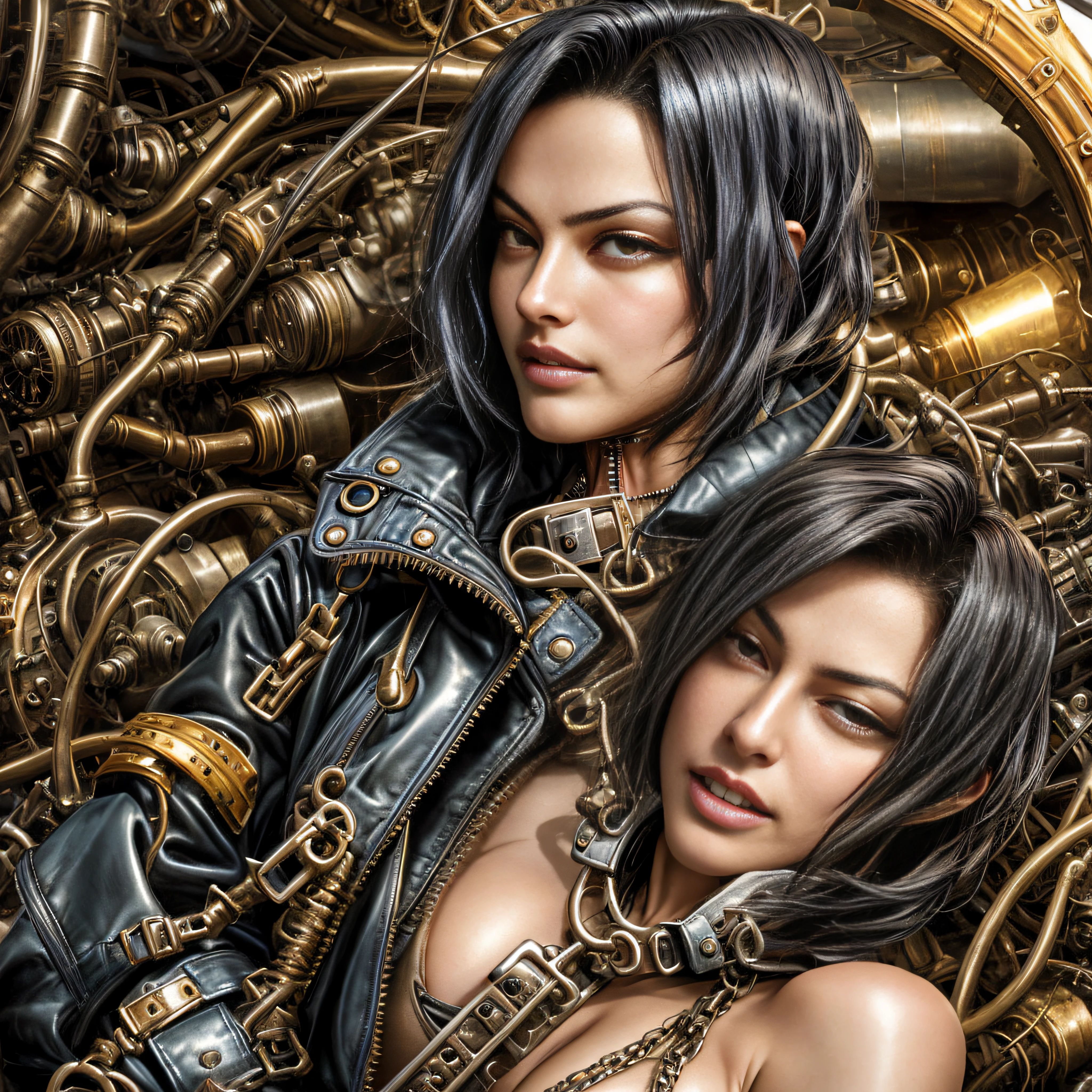 steampunk, sexy woman, (polyvinyl Jacket With Rivets:1.3), (floating rblack hair:1.4), (open zipper:1.5), (sexy:1.5), (erotic:1.5), best quality, sunlight, detailed face, gorgeous eyes, realistic skin details, high quality, seen from below, translucent, (voluptuous:1), sensual, lascivious, dominant, romantic, high quality, film grain, Cinematic Light, sidelighting, sharp focus