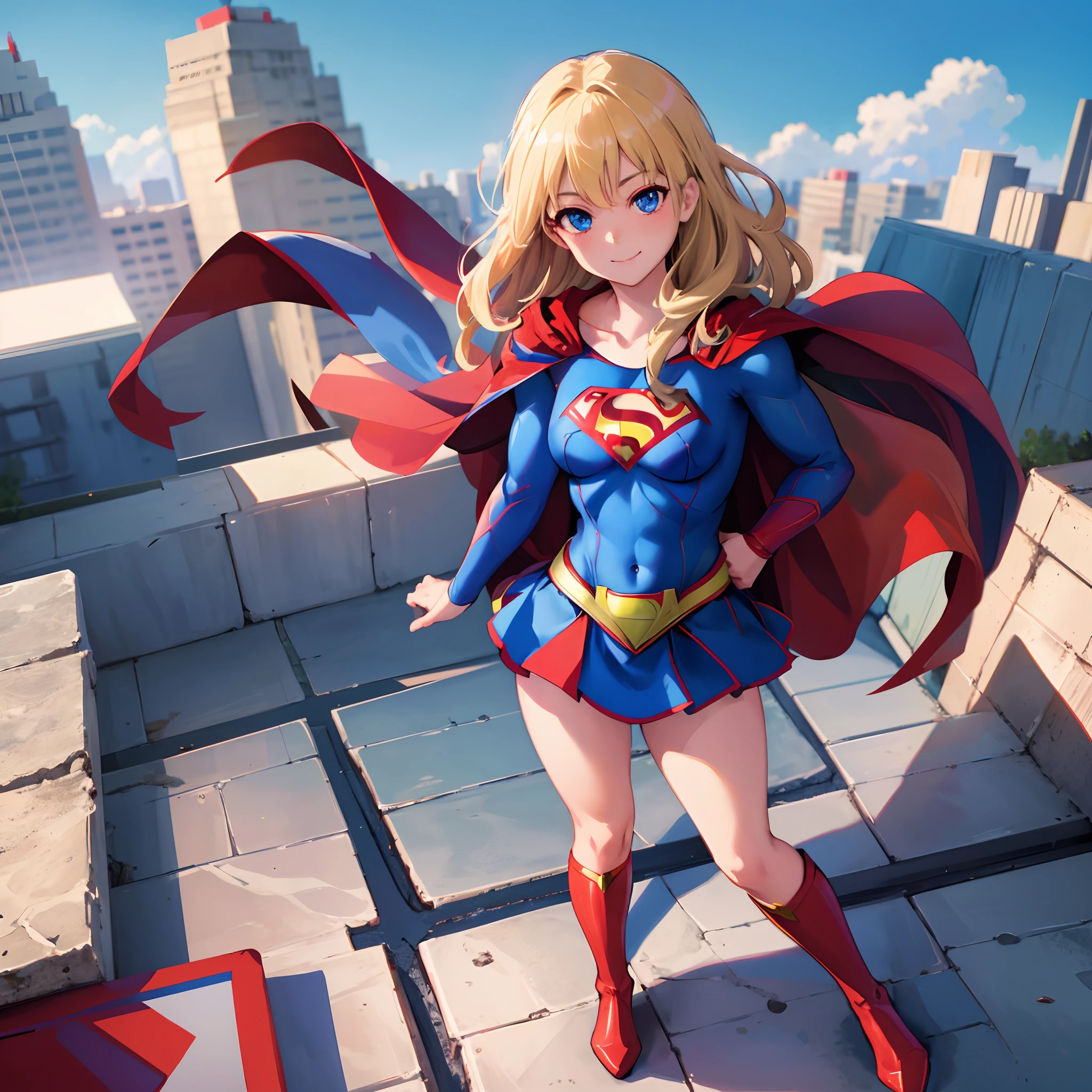 Oga Saki, 1girl, solo, red eyes, blonde hair, long hair, large breasts, dark-skinned female, dark skin, smile, standing, dynamic pose, <lora:OgaSaki:1>, 8k, masterpiece, best quality, absurdres, perfect anatomy, cinematic lighting, cowboy shot, (supergirl costume:1.1), (flying, flying over city:1.2)