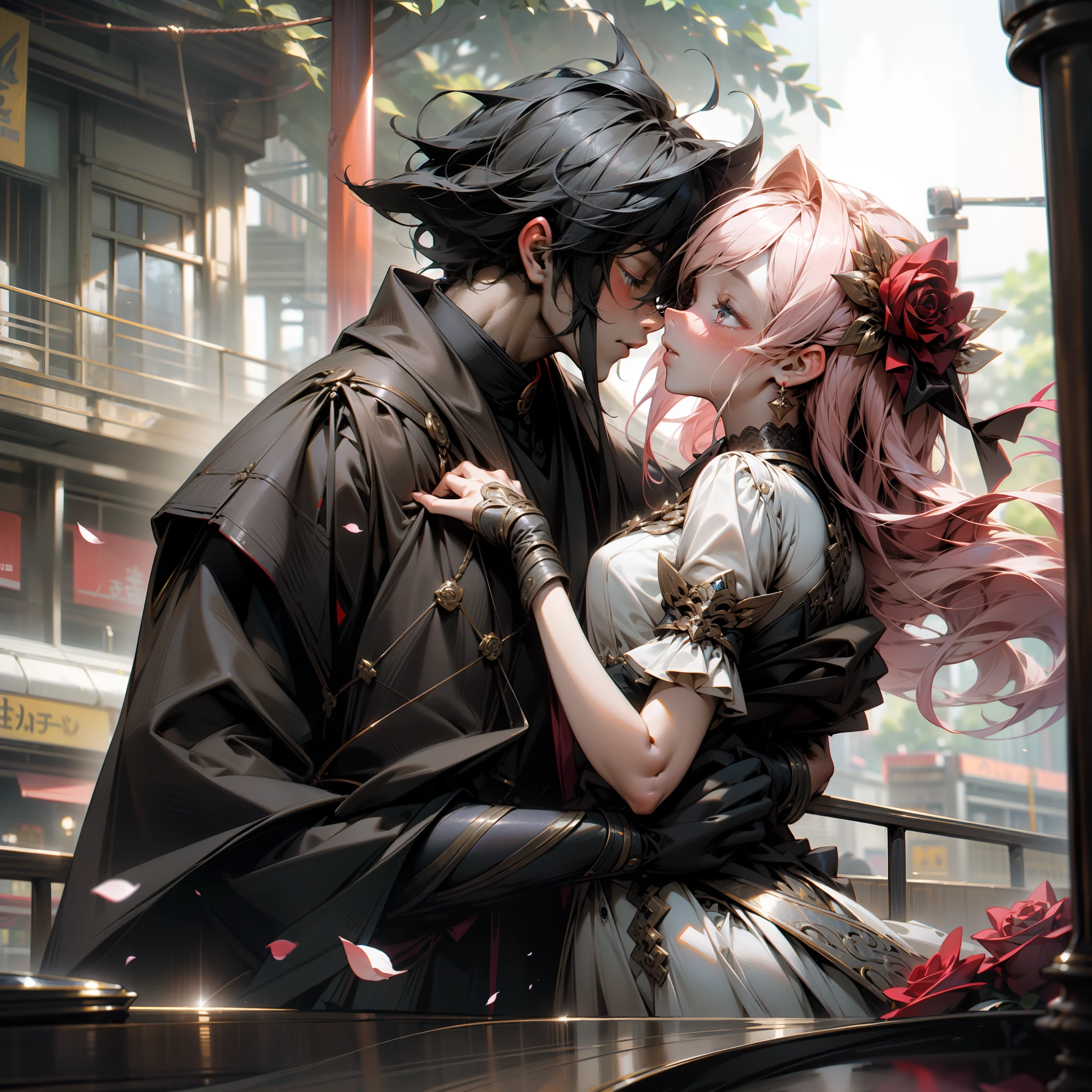 Romantic Tanabata,Bustling metropolis,Modern fashion couple kissing,Red rose,Boys and girls clasp their fingers,Natural light,plethora of colors,Rich in elements,Facial features are super detailed,Couple upper body photo,Ultra-high sharpness、k hd、8K、