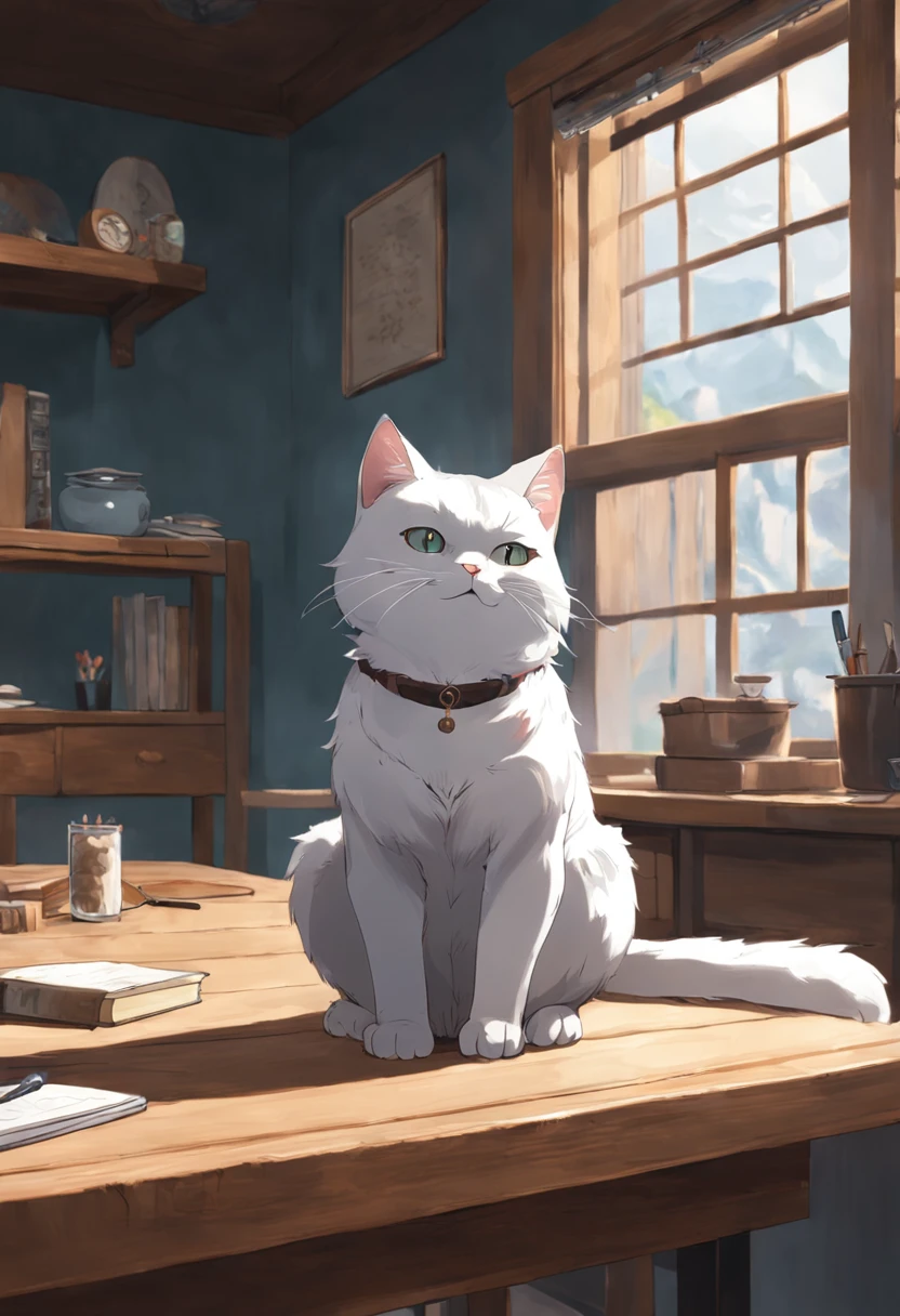 There was a white-gray cat sitting on a wooden table in front of the window, Shot with Sony Alpha 9, The cat on the table in front of her, sittinng on the desk, sittinng on the desk, Shot with the Canon 8 0 D, Cat on the table, Sit on the lab table, sitting on a stool, Fat cat on the table, sittinng on the desk