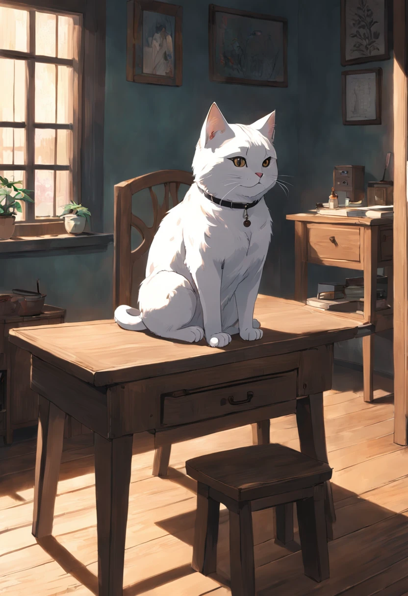 There was a white-gray cat sitting on a wooden table in front of the window, Shot with Sony Alpha 9, The cat on the table in front of her, sittinng on the desk, sittinng on the desk, Shot with the Canon 8 0 D, Cat on the table, Sit on the lab table, sitting on a stool, Fat cat on the table, sittinng on the desk