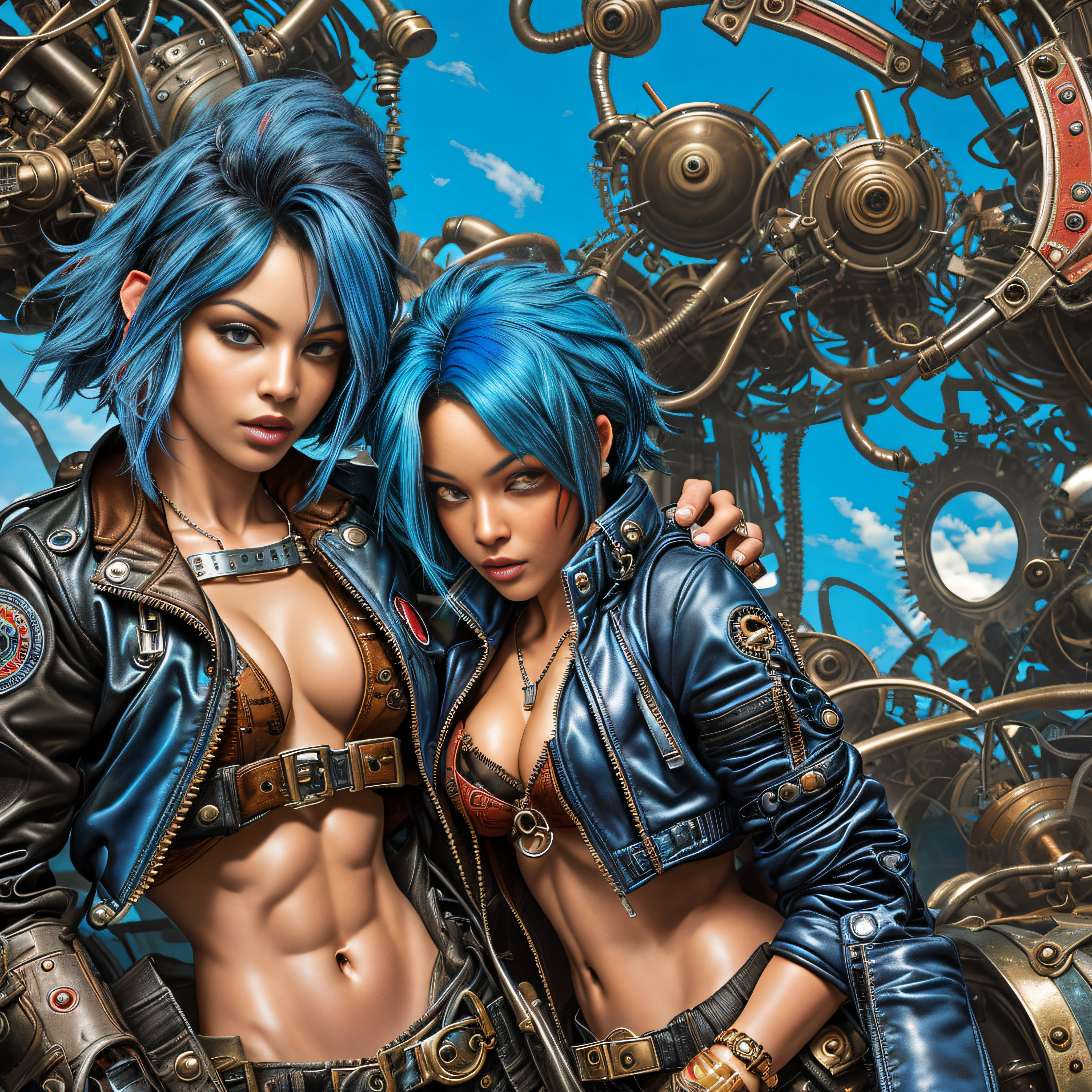 steampunk, sexy woman, short pants,, (polyvinyl Jacket With Rivets:1.3), (floating blue hair:1.4), (open zipper:1.5), (sexy:1.5), (erotic:1.5), (afro hairstyle:1.6), best quality, sunlight, detailed face, gorgeous eyes, realistic skin details, high quality, seen from below, translucent, (voluptuous:1), sensual, lascivious, dominant, romantic, high quality, film grain, Cinematic Light, sidelighting, sharp focus