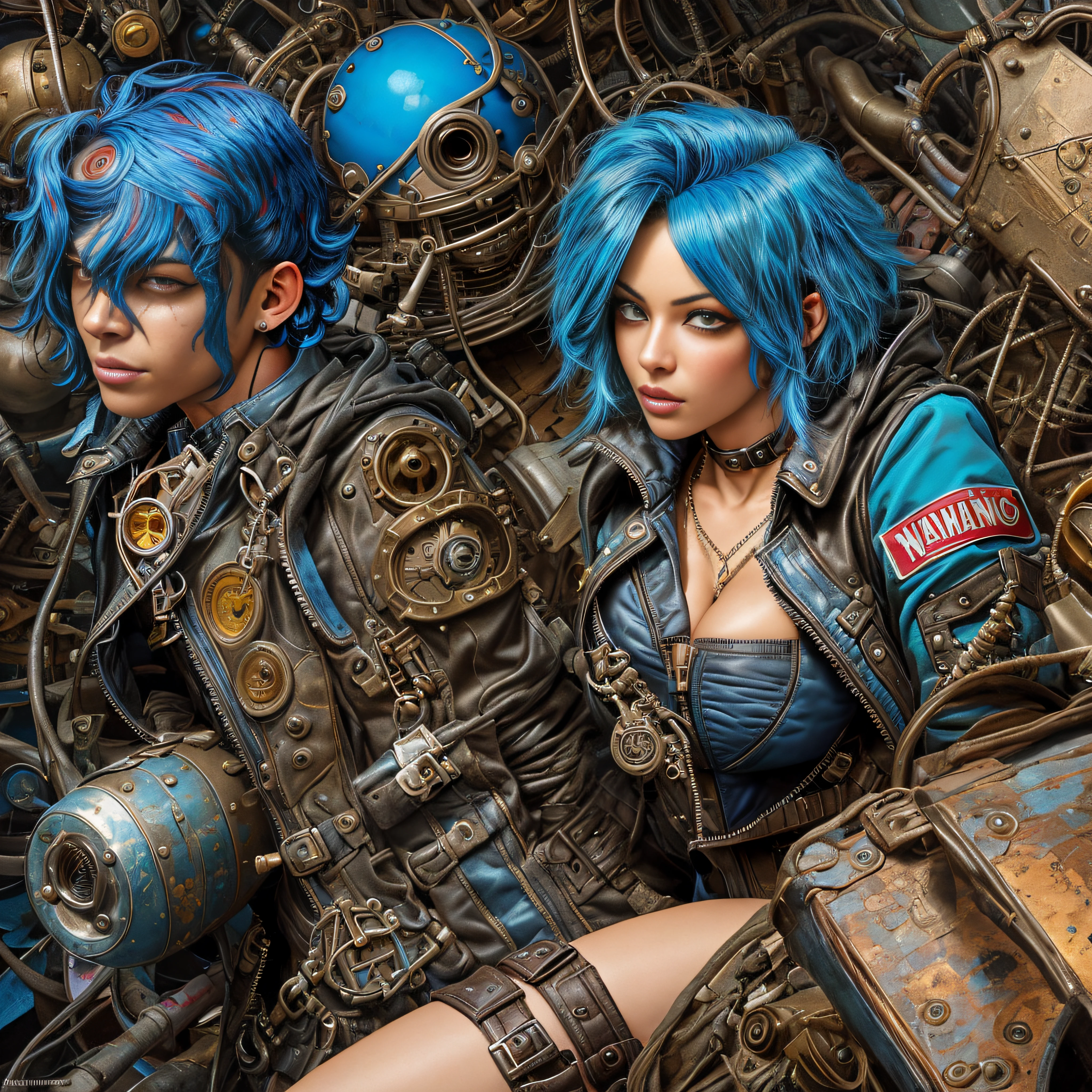 steampunk, sexy woman, short pants,, (polyvinyl Jacket With Rivets:1.3), (floating blue hair:1.4), (open zipper:1.5), (sexy:1.5), (erotic:1.5), (afro hairstyle:1.6), best quality, sunlight, detailed face, gorgeous eyes, realistic skin details, high quality, seen from below, translucent, (voluptuous:1), sensual, lascivious, dominant, romantic, high quality, film grain, Cinematic Light, sidelighting, sharp focus