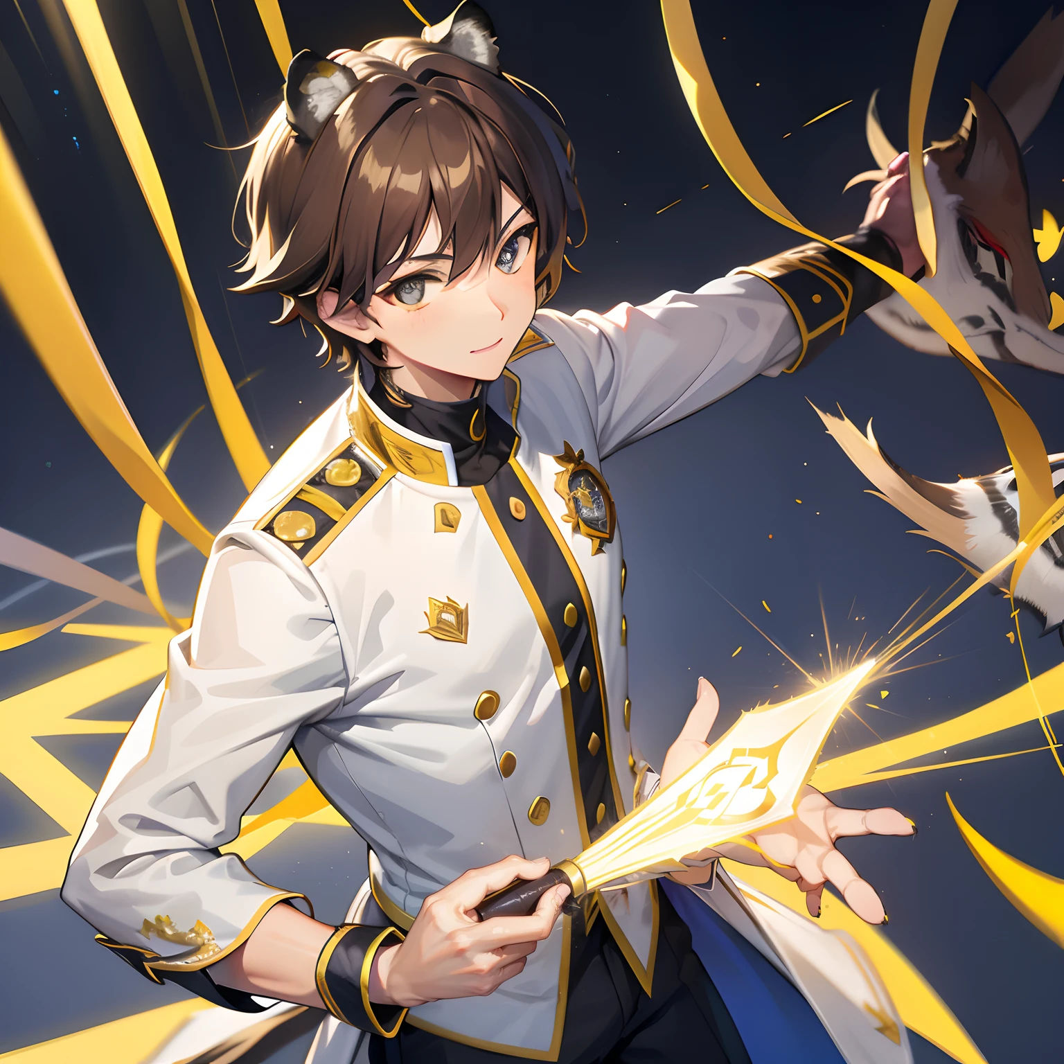 rays of sunshine，brightly，Tiger Tooth，ssmile，brown  hair，Reached，delicated，Adult Male，solo person，Handsome，short detailed hair，shoun，opulent，two hands