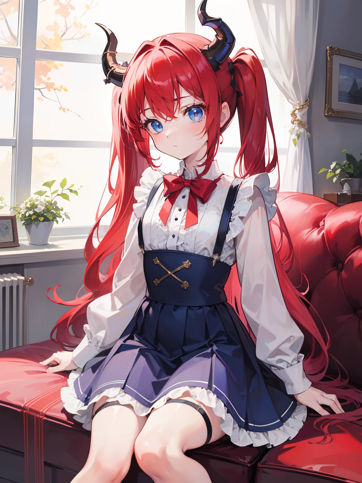 {{best quality}}, {{masterpiece}}, {{ultra-detailed}}, {illustration}, {detailed light}, red hair,blue eyes,twintails,lolita,Suspenders skirt,Fantastic,loli,solo,Dragon horns, girl,long hair