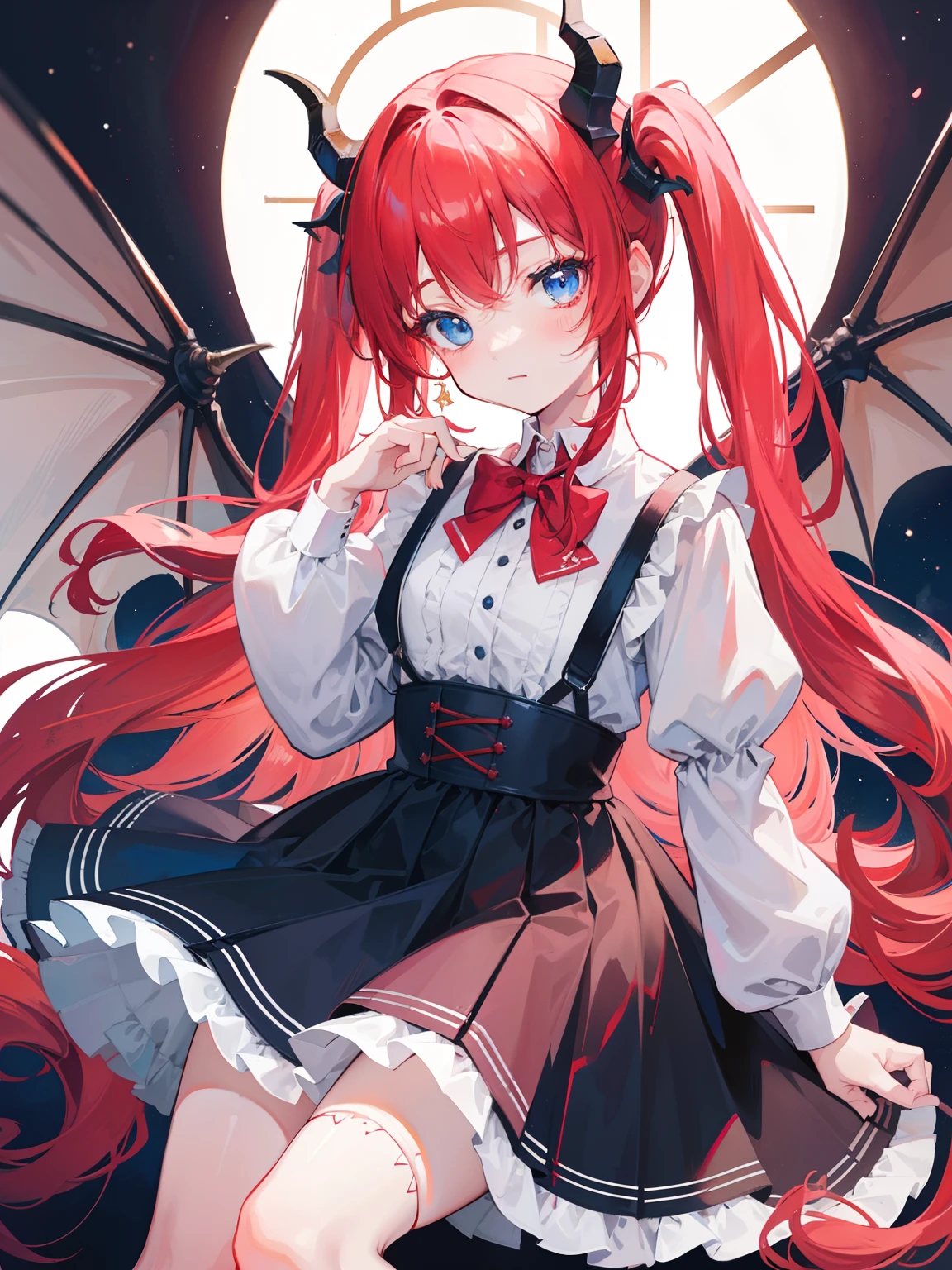 {{best quality}}, {{masterpiece}}, {{ultra-detailed}}, {illustration}, {detailed light}, red hair,blue eyes,twintails,lolita,Suspenders skirt,Fantastic,loli,solo,Dragon horns, girl,long hair