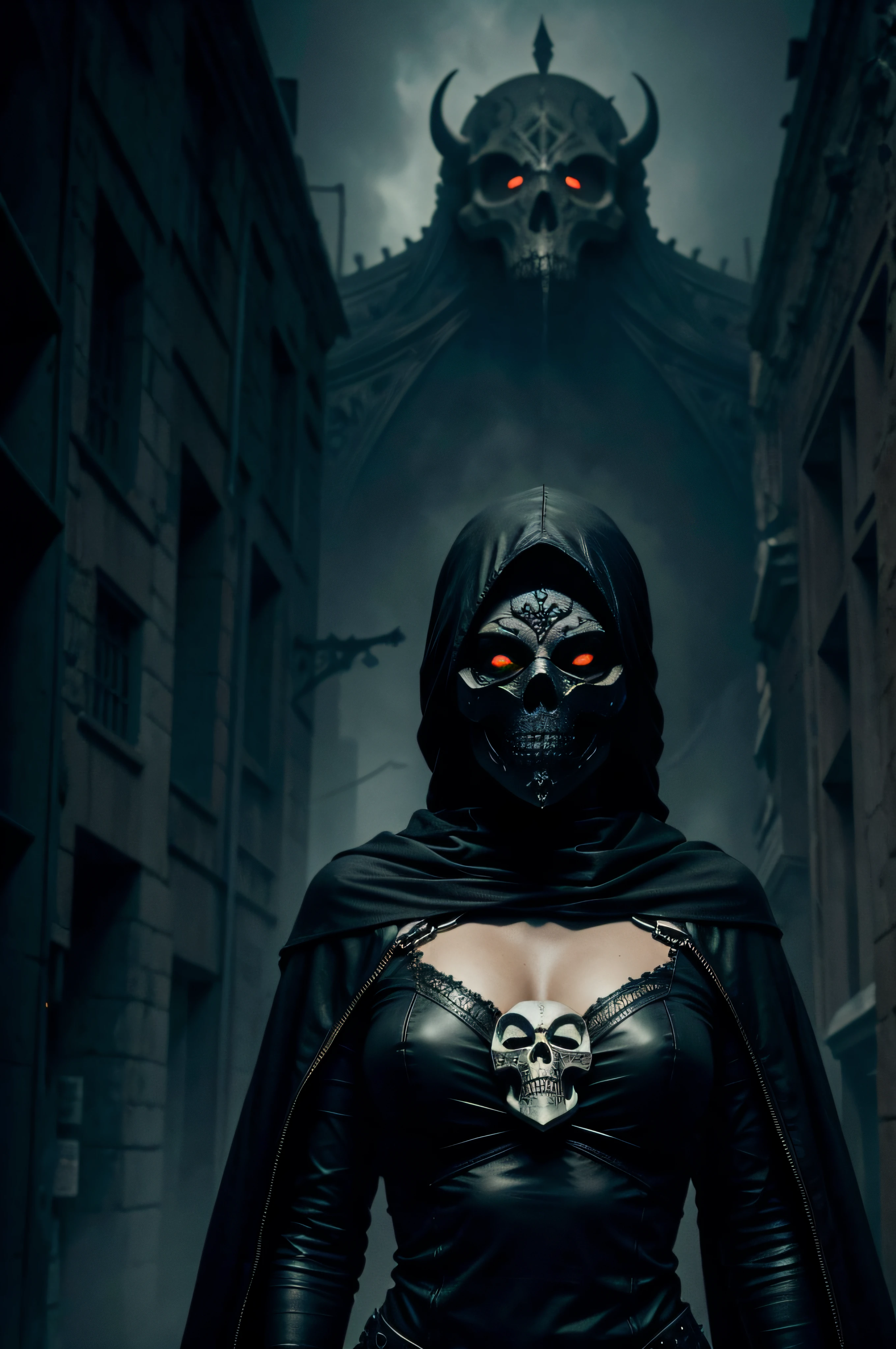 concept art breathtaking Artistic female in skull mask , solo., under creepy evil fog. In a City burial background, surreal detail. Artistic dark color effect. Detailed. Centered.