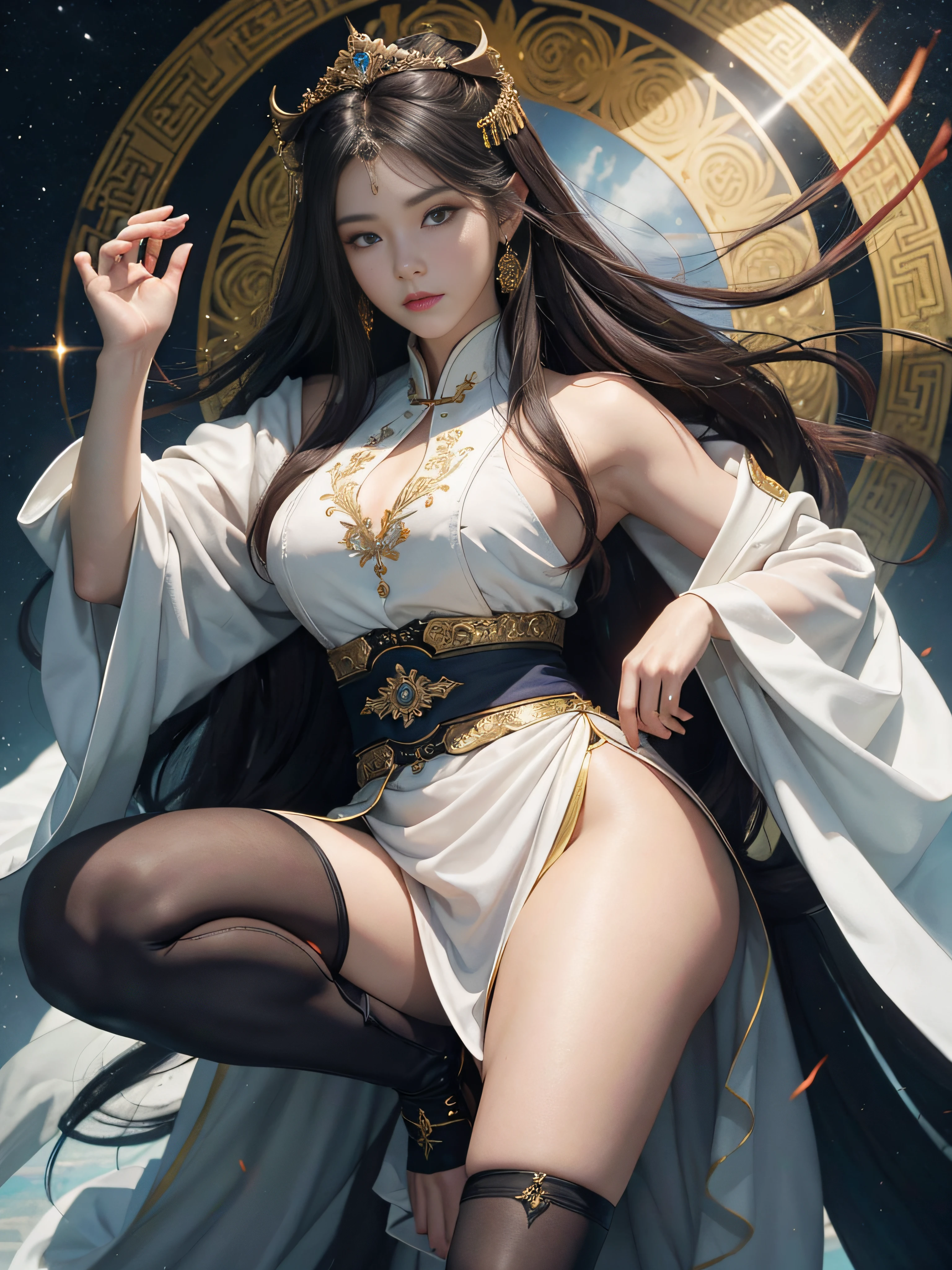 tmasterpiece,High Picture Quality,a matural female,Royal sister,Older women,Beautiful face,Oriental women,Eastern warriors,gallant woman,Handsome appearance,Martial arts are world-famous,Refined eye and facial details,Stand tall,Fairy-like appearance,Beautiful embryos,Light gauze like white,Cloth boots and over-the-knee stockings display,Hanfu,ancient wind,Long black hair,Stunning beauty,Tallbody,Rich scene details,action,Wide buttock,Thick thighs