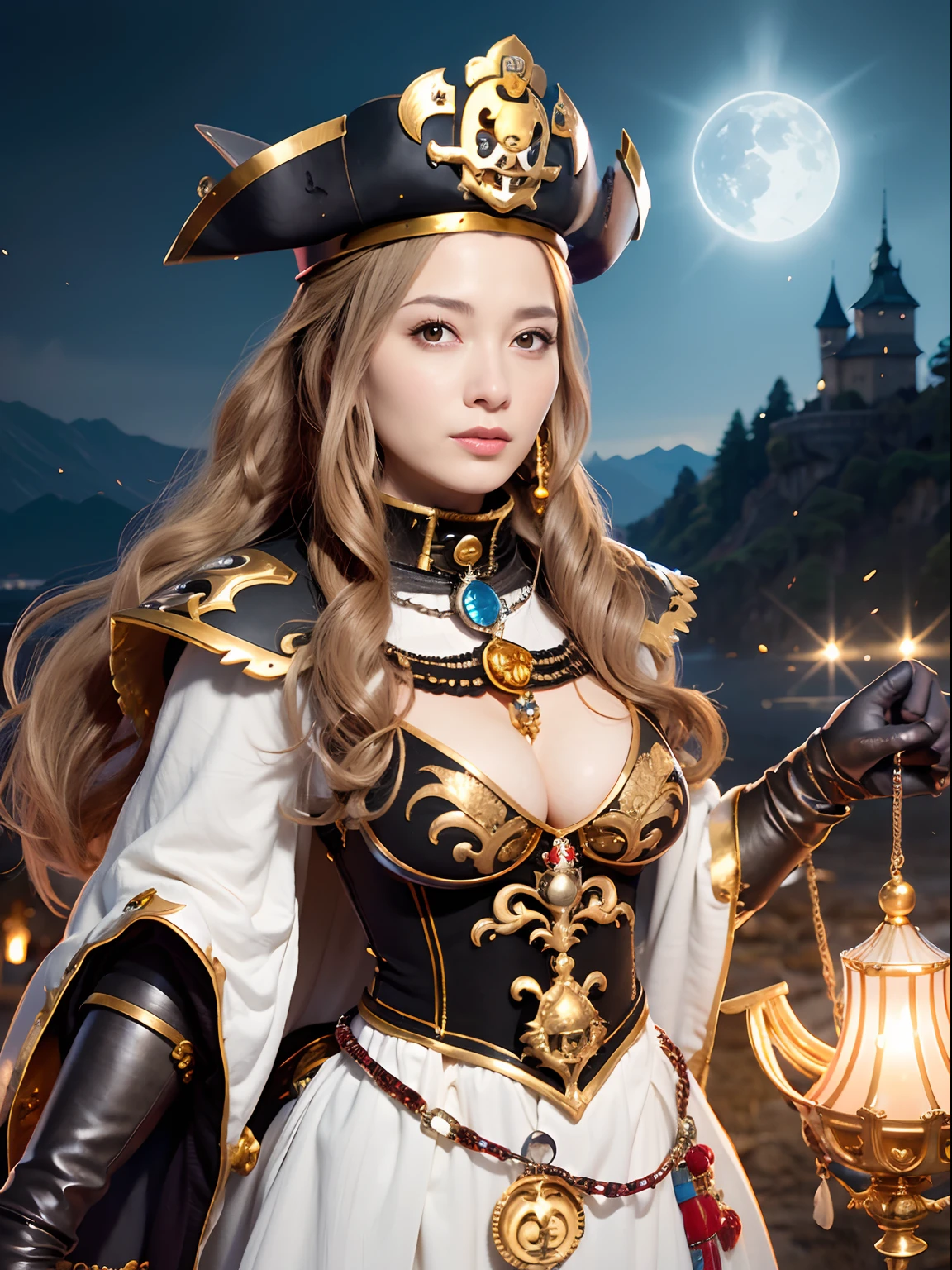 (masutepiece), Professional , ​masterpiece、top-quality、photos realistic ,  （Gemstone Silver Metal Body:1.９),(Matte White、（Put on a pirate hat）、Jewel Gold Weapon（Jewel Metal Body:1.４),Gorgeous metal weapons , Detailed Sword of the Brave , Beautiful knife   ,warhammer 40k , The port town、adepta sororitas,Detail and ornate jewel crown、Black hair、Gangle's forest background、Beautiful Caucasian beauty、１a person、dynamic ungle,(((Detailed and ornate diamond crown)))、Smaller head、A smile、Take a pose、Background inside the castle、Thin and beautiful female hands、cleavage of the breast、Soldier in iron armor on background、Man soldier in iron armor on background、Sea view、Pirate Ship、Woman or stand in the center、Lots of pirate ships、Luminescent particles,light scattering,Tindall Effect