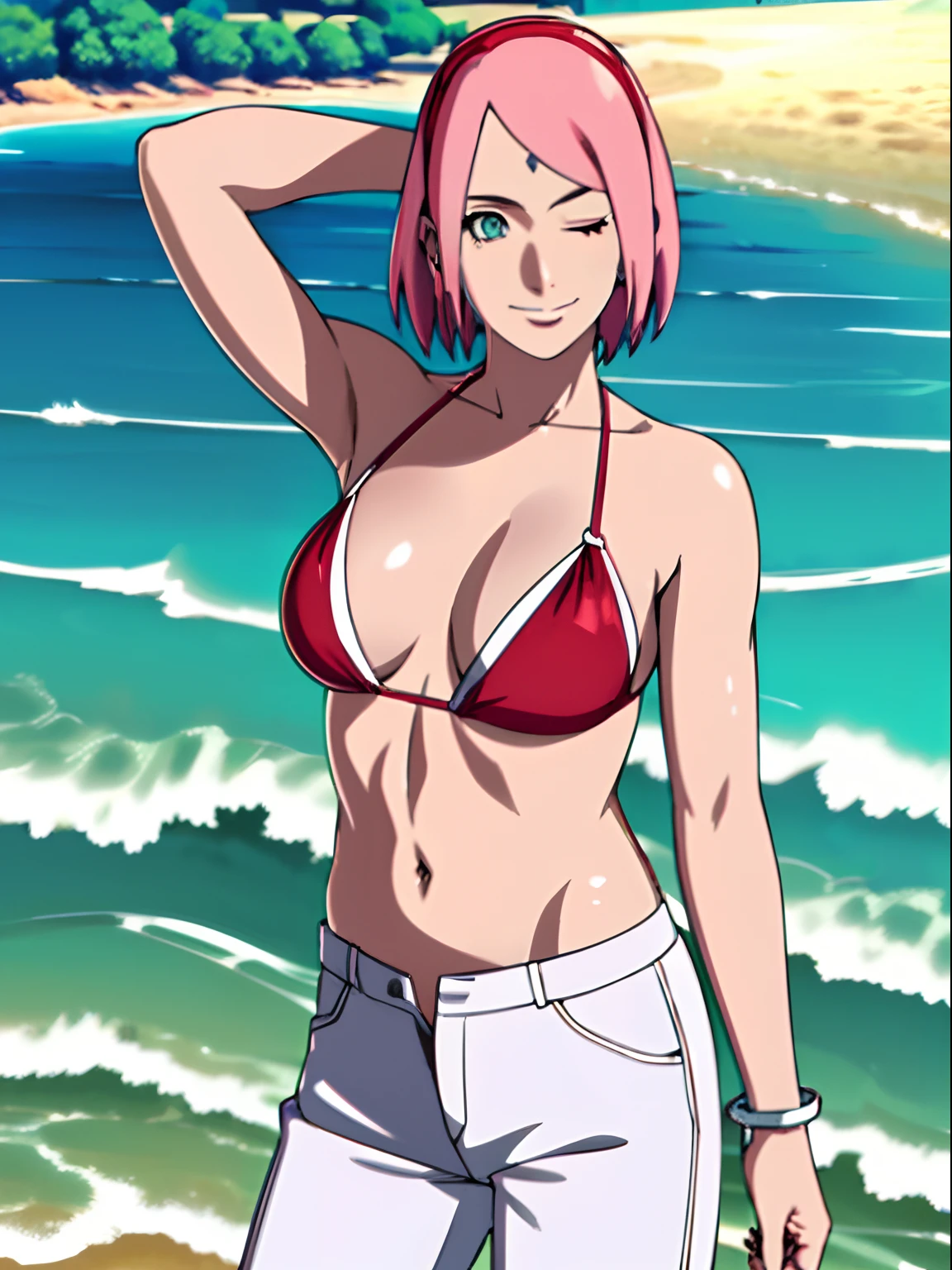 masterpiece, 4k, portrait, closeup, professional artwork, detailed beach background, intricate details, colorful, digital blending, (ultra detailed body, ultra detail hair, ultra detail face), trending on pixiv, kind smile, best quality, anime style: 1.9, 1girl, hires, haruno sakura, (forehead mark, milf, red hairband, pale skin, small breasts, short hair, ((red micro bikini top, bikini top only), white pants), (navel, belly button, bracelet, pink hair, closed mouth, big eyes), smile, beach, wind, floating hair, detailed arms, off-shoulders, broad shoulders, slightly muscular arms, (dirty armpits, armpit pocket), standing, winking, one eye closed)